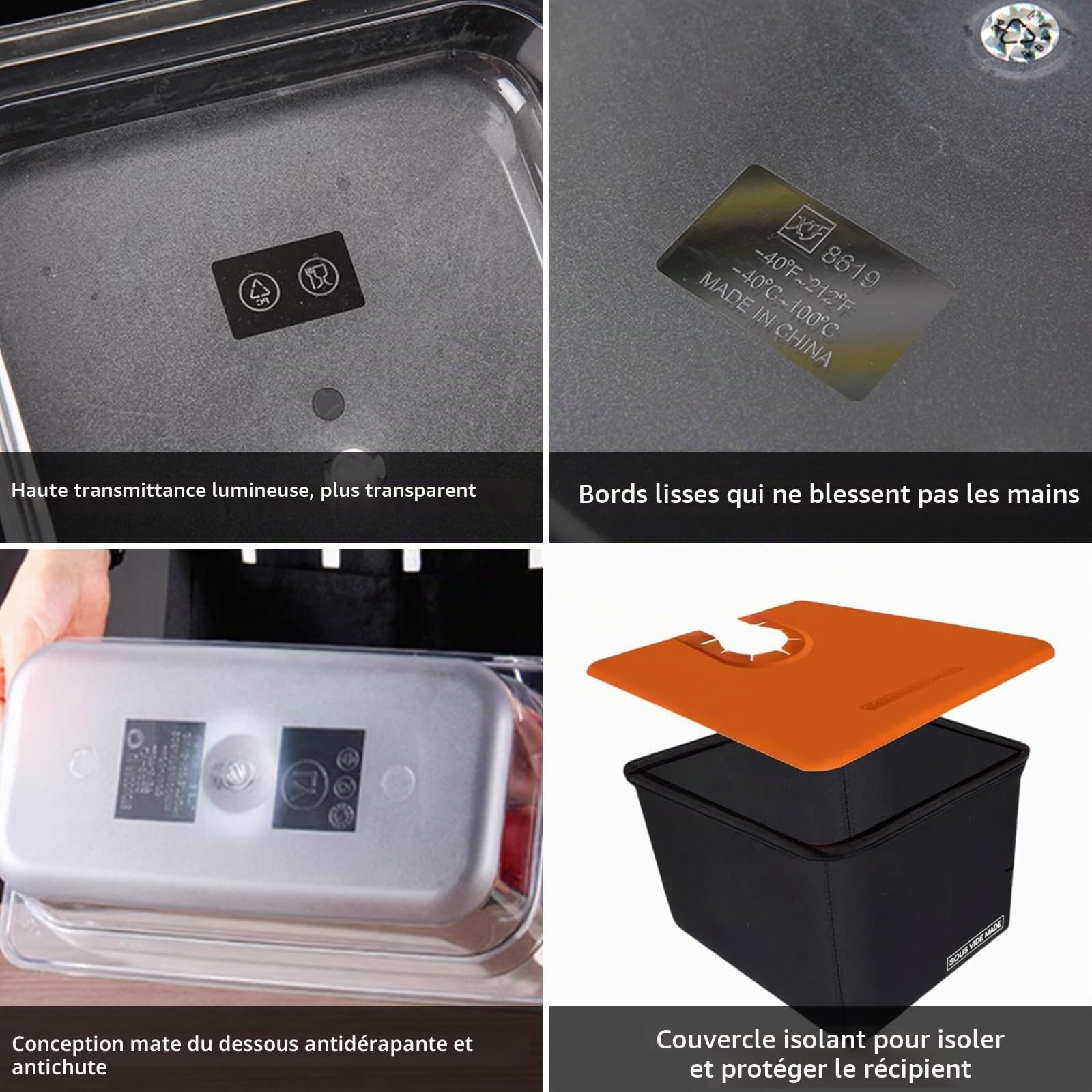 Récipient Sous Vide 12L, Récipient de cuisson sous vide avec couvercle, Couverture Isolante et Grille, pour Cuiseur Sous Vide, Adapté au Poisson, à la Viande et Aux Légumes (sans BPA)