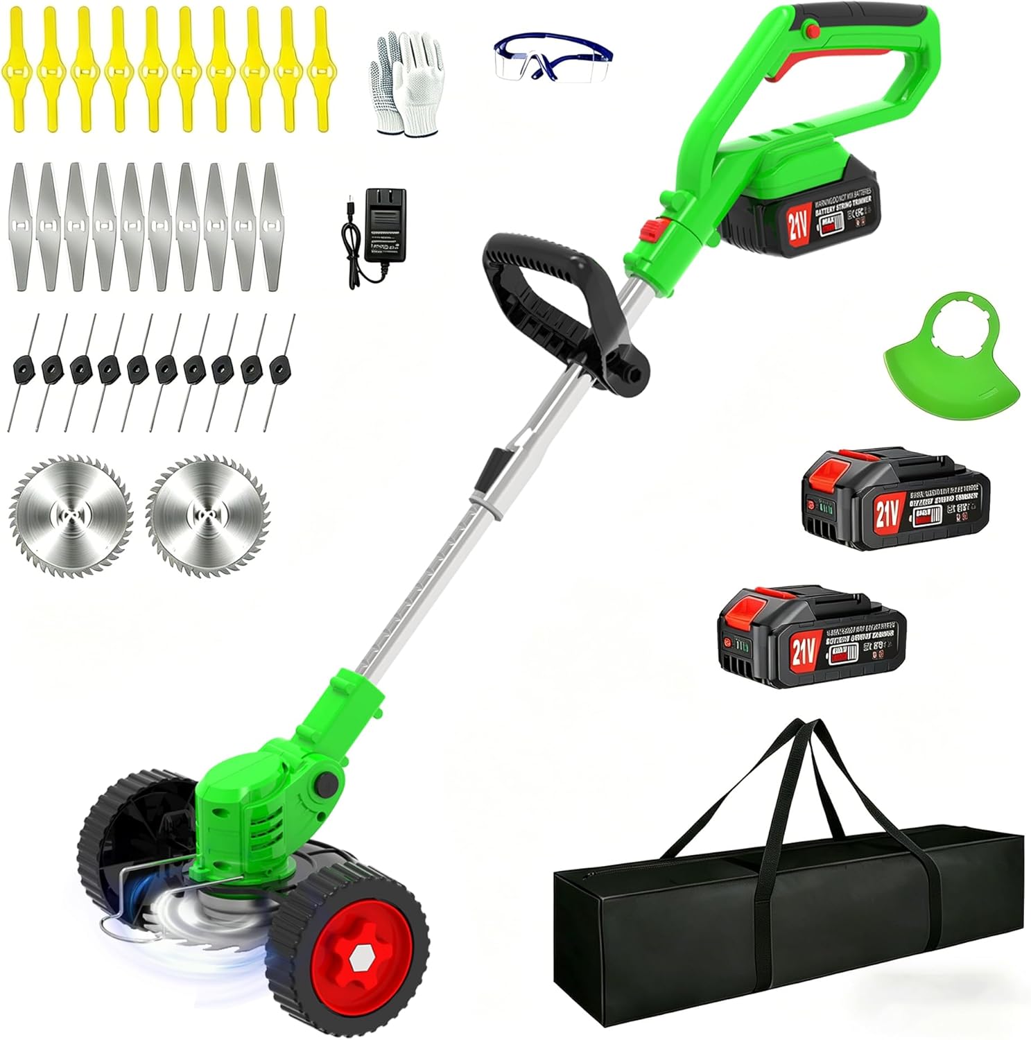 Cordless Electric Weed Wacker Eater 21V Battery Powered Stringless Weed Trimmer with 4 Types Blades & Wheels, 3-in-1 Grass Trimmer/Lawn Edger/Brush Cutter, Lightweight Garden Tool for Garden Yard