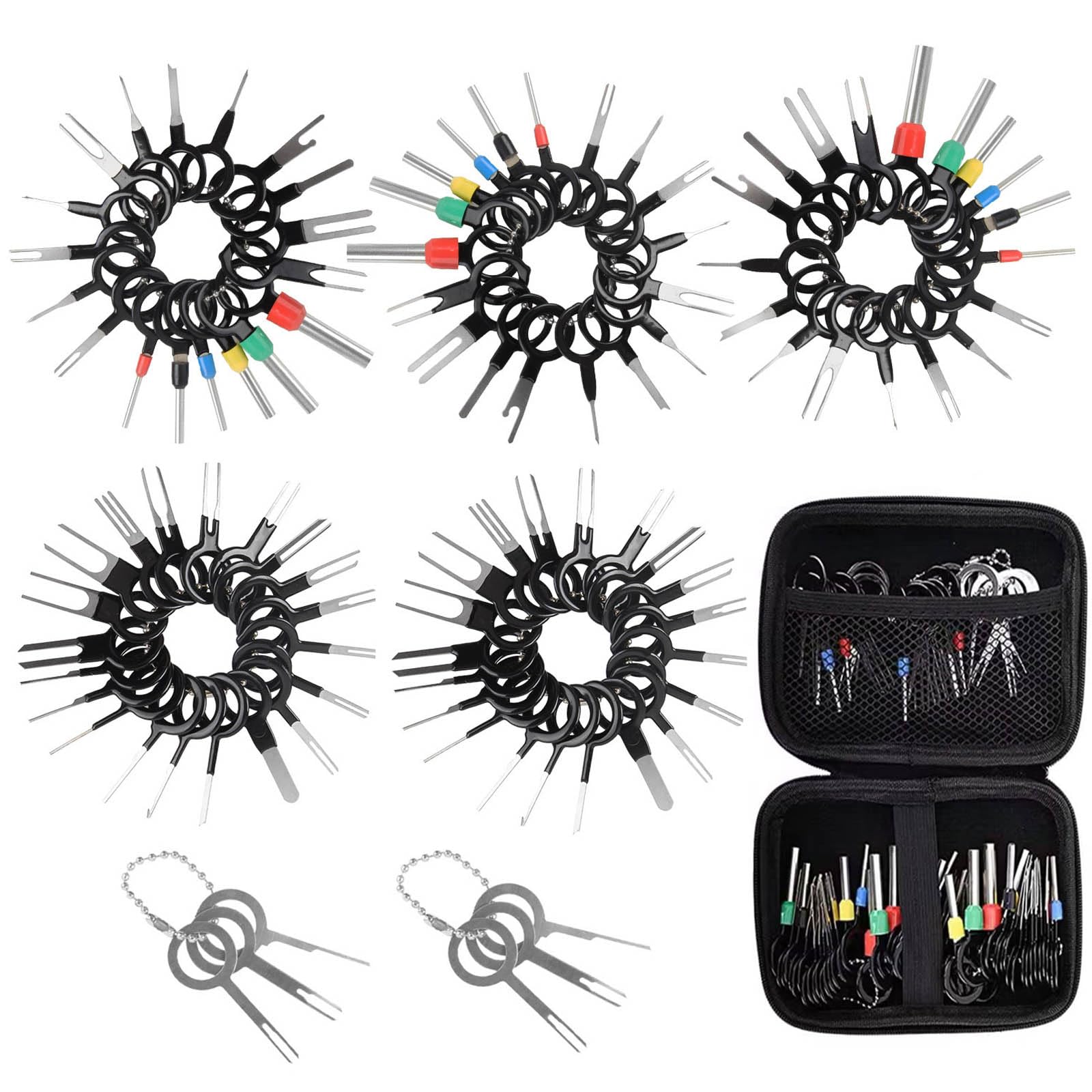 JONMON Terminal Removal Tool Kit, 100 Pcs Electrical Wire Connector Pin Release Key Ejector Extractor Puller Depinning Repair Set with Protective Bag for Automotive, Car