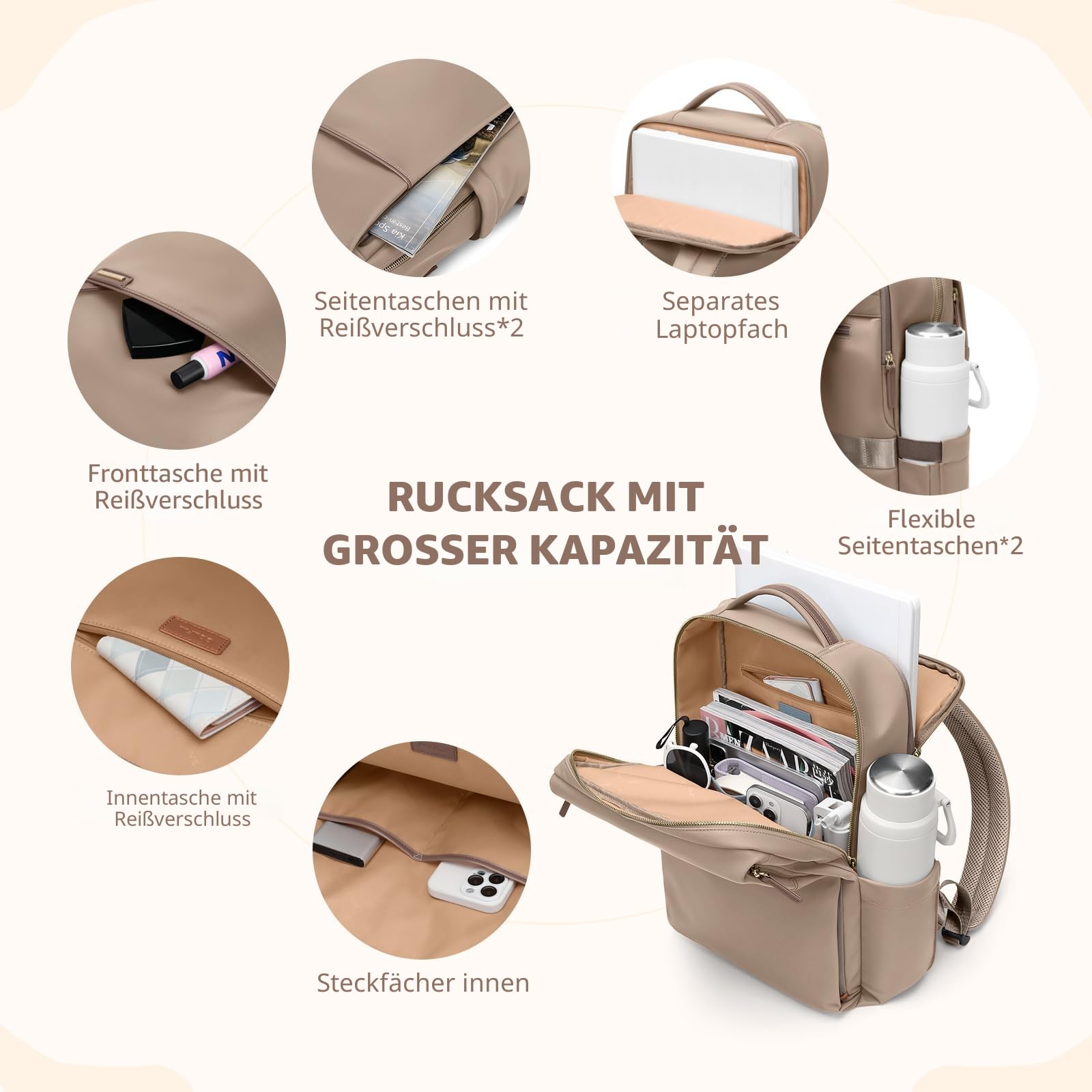 Laptop Rucksack für Damen 16 Zoll, Arbeit, Business, Computer-Rucksäcke mit Laptopfach, wasserdicht, lässig, Tagesrucksack für Reisen,Braun