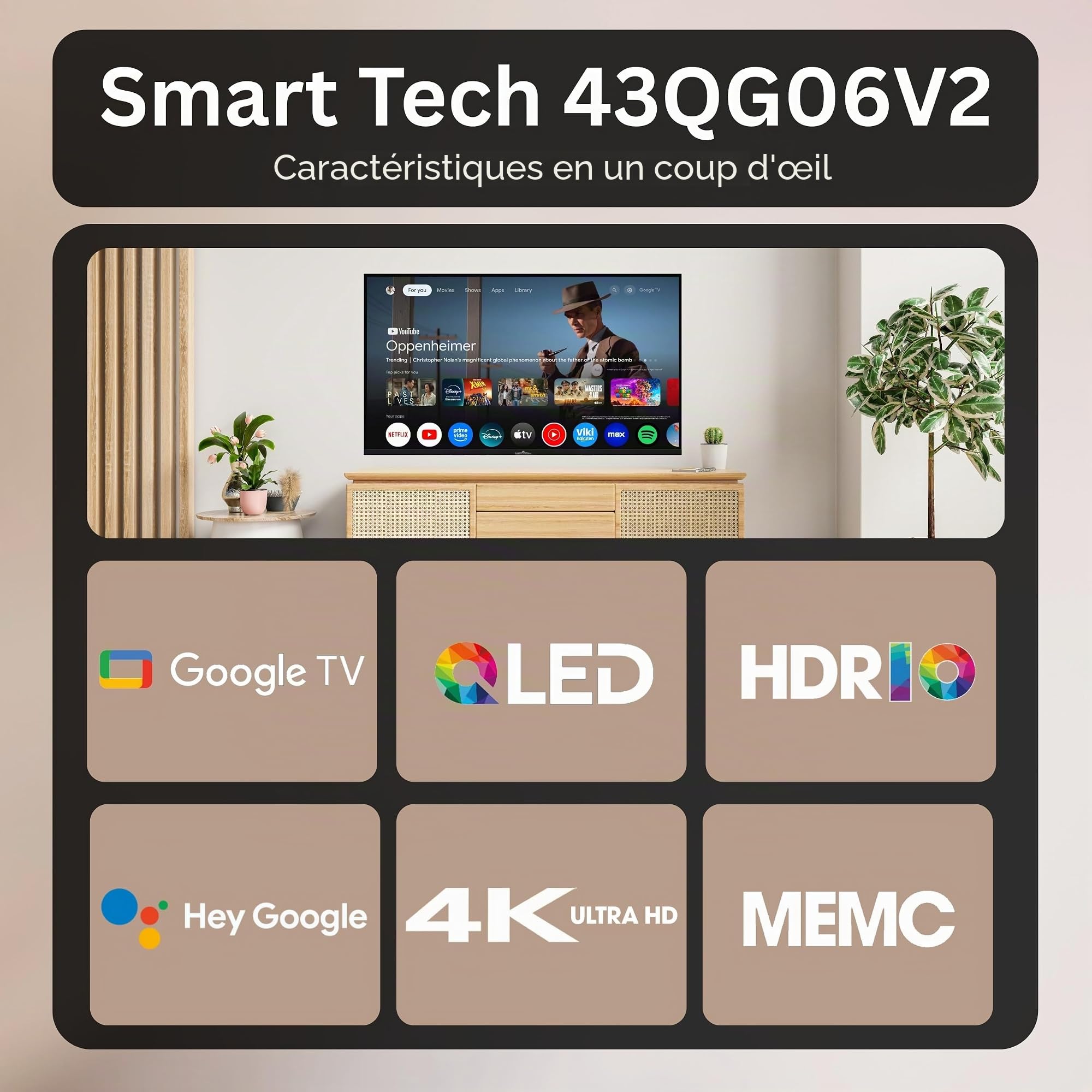 Smart Tech QLED 43QG06V2 Téléviseur Google TV HDR avec résolution 4K UHD, Bluetooth et Triple Tuner, Smart TV 43QG06V2 (2026)