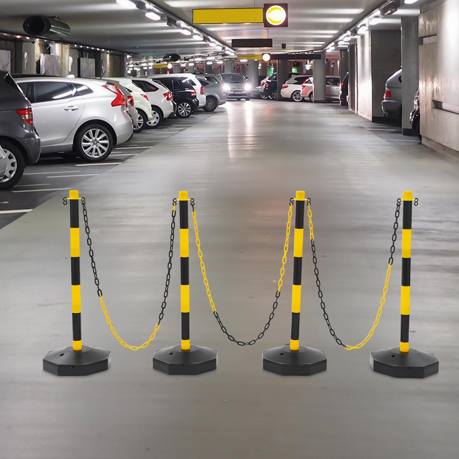 Juego de 4 postes de cadena de plástico para control de tráfico para bloqueos de carretera y seguridad, sistema de barrera ligero y portátil para señalización de estacionamiento