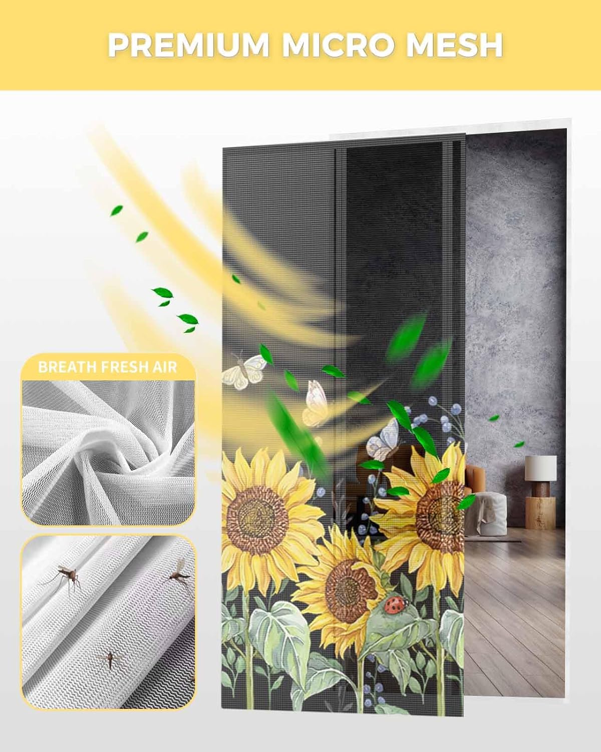 Screen Door 38"x83" Oil Painting Sunflower Park Butterfly Door Screen Magnetic Closure, Black Hands Free Magnetic Screen Door for Single/Sliding/Front Door