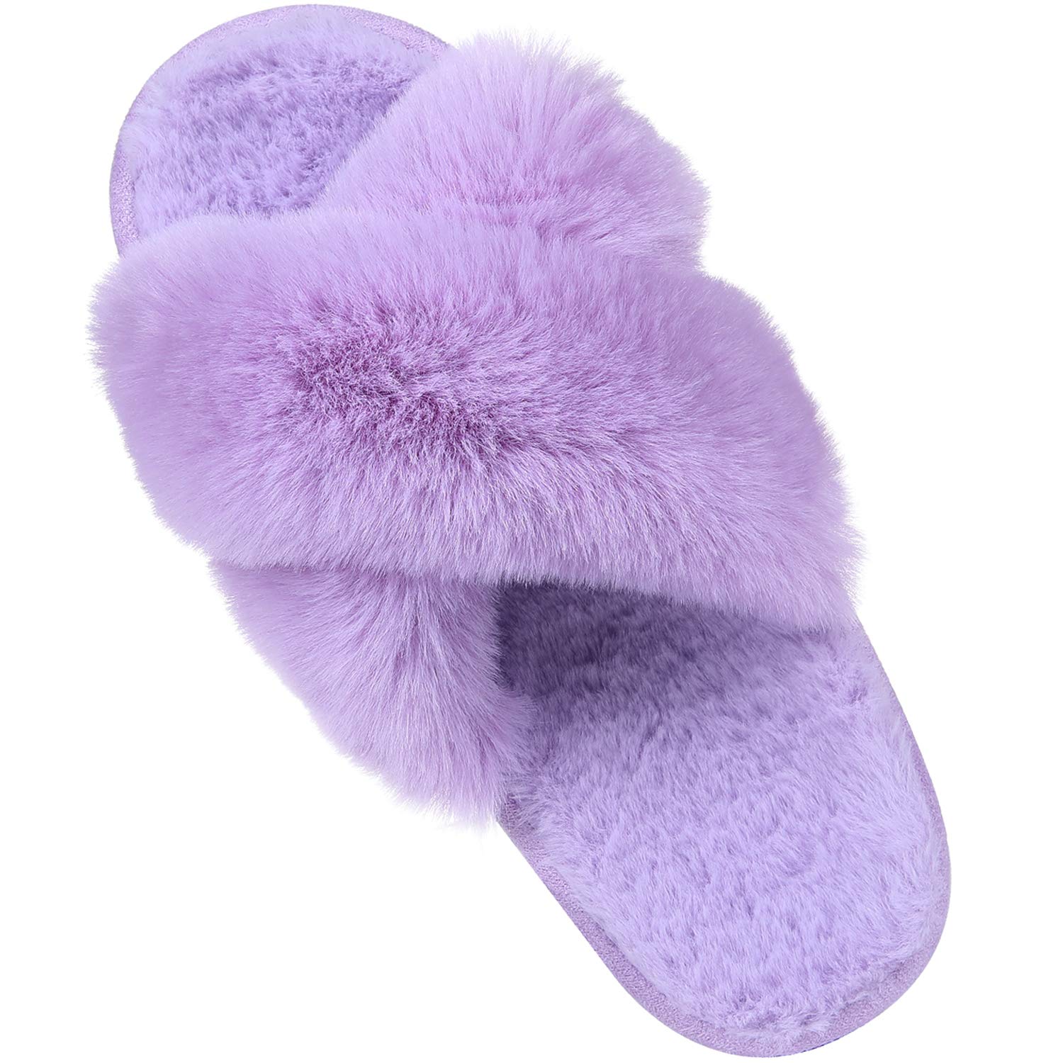 ComwarmWomen's Cross Band Fuzzy Slippers Fluffy Open Toe House Slippers Cozy Plush Bedroom Shoes Indoor Outdoor