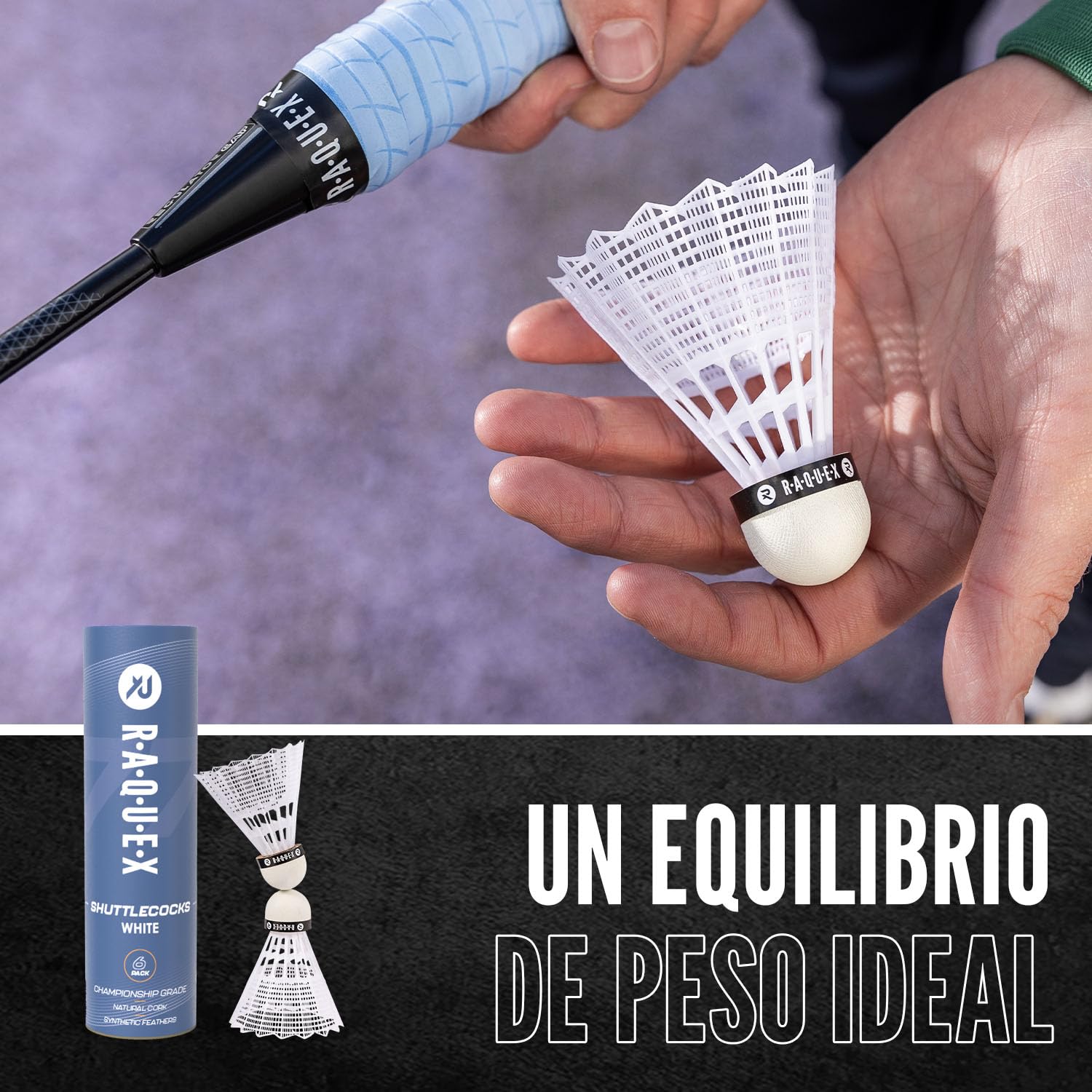 Raquex Volani da Badminton - Piume in Nylon, Tubo di 6 Volani con Testa in Sughero Naturale. Tre Opzioni di Velocità, Volani Bianchi o Gialli. Per Giocare al Coperto o All'aperto