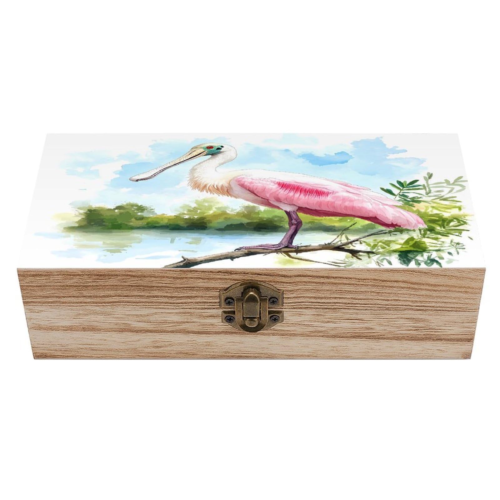 HLBSDM Roseate Spoonbill Watercolor Wooden Storage Box with Front Clasp Vintage Keepsake Boxes for Jewelry Decorative Gift Ideas for Men Women
