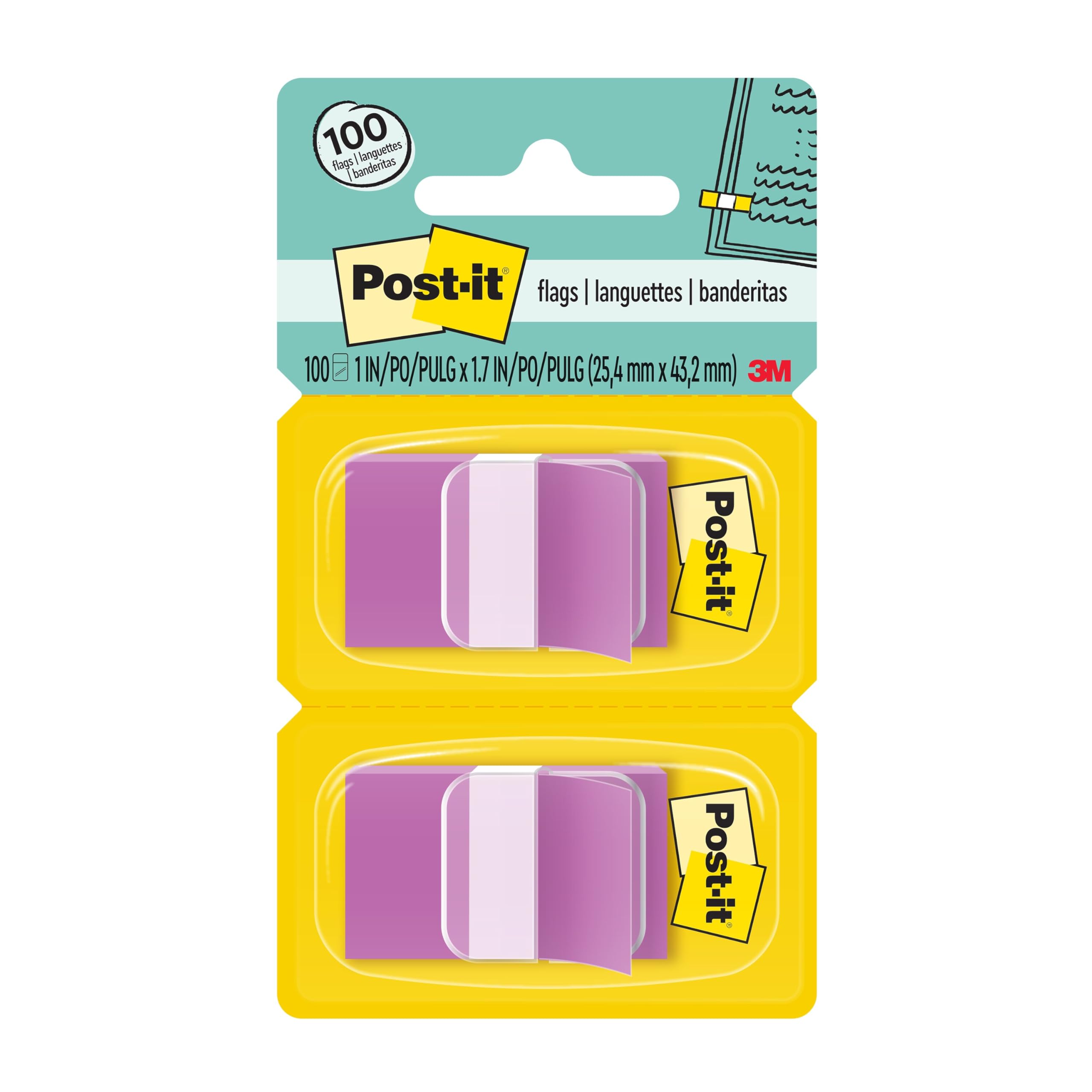Post-it Flags, 50/Dispenser, 2 Dispensers/Pack, 1 in Wide, Purple (680-PU2)