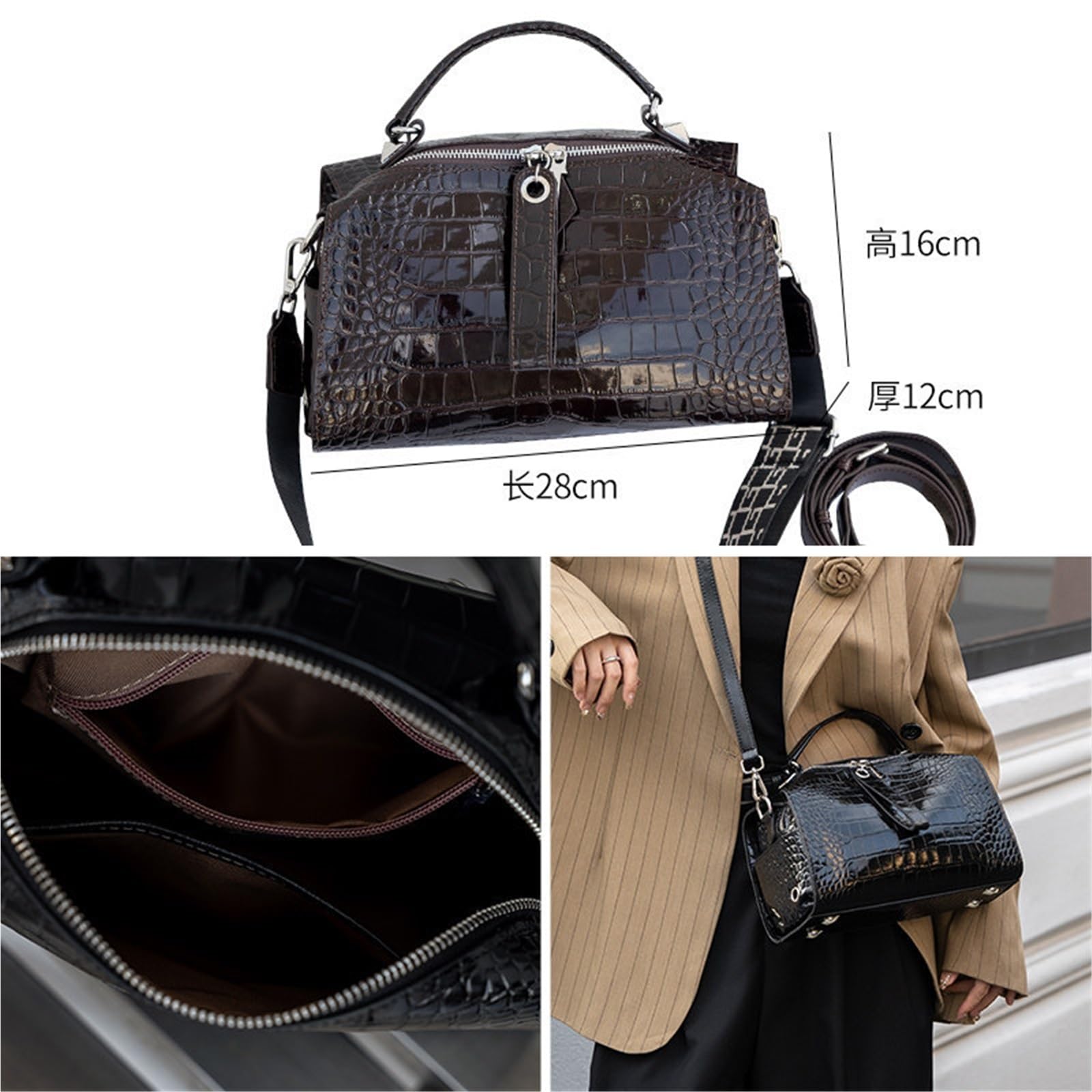 Bolso De Cuero Genuino, Bandolera Con Cremallera