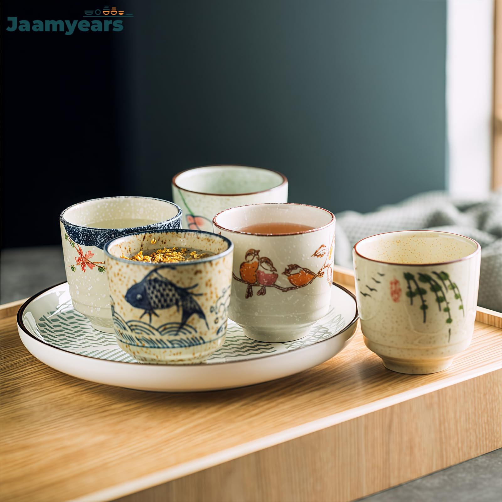 Ceramiczny zestaw 4 filiżanek do herbaty, japoński styl, 170 ml, elegancki design do gorących i zimnych napojów, idealne do domu i na przyjęcia herbaciane