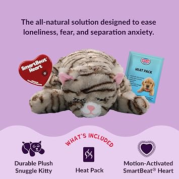 Snuggle Kitty Heartbeat Cat Toy for Kittens and Cats with Real-Feel Pulse and Heat Pack, Calming Sleep Aid for Cat Anxiety, New Kitten Essentials - Tan Tiger