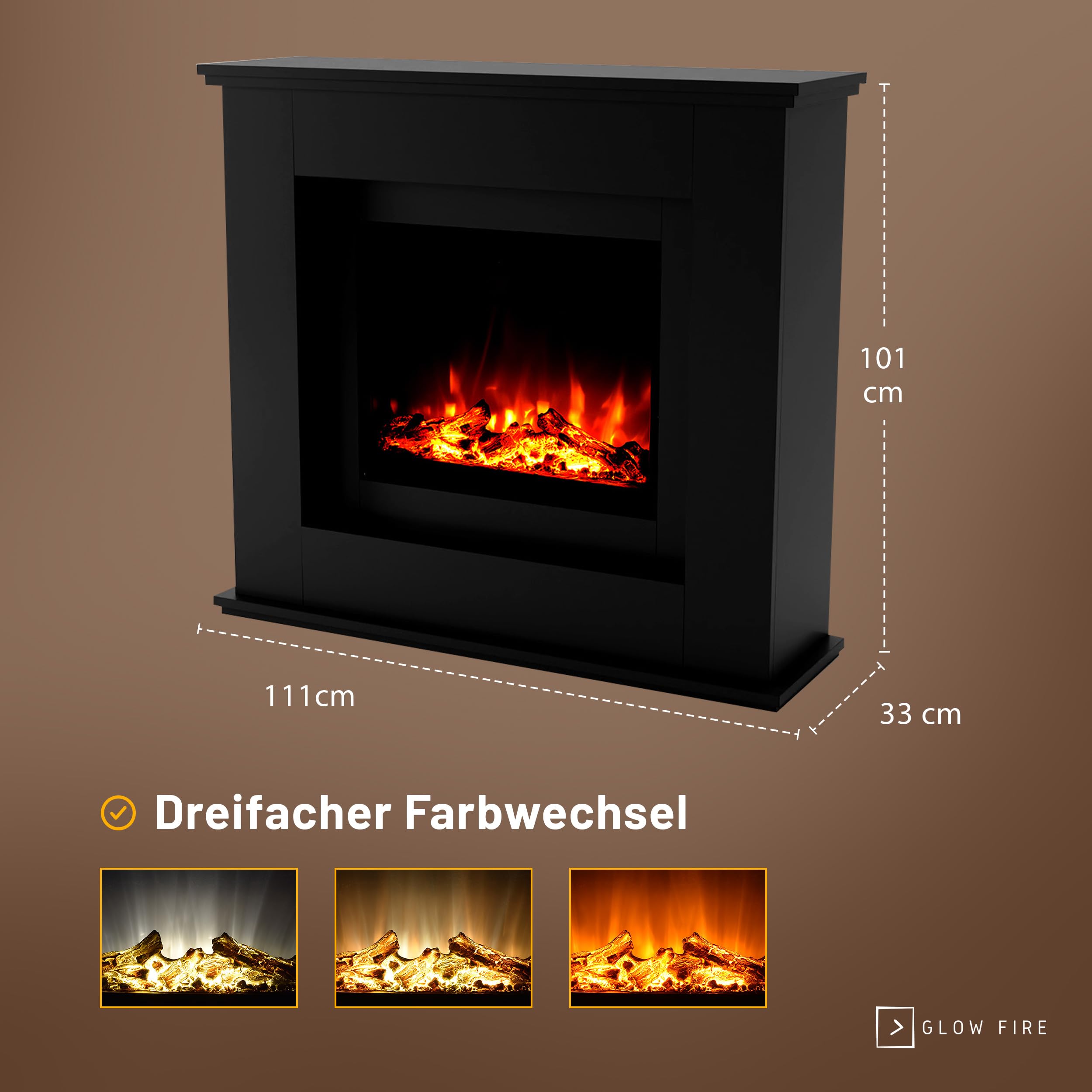 GF CORE Elektrokamin mit Heizung und Kaminfeuer (Standkamin Europa) - elektrischer Kamin mit LED-Feuer in 3 Farben, Heizlüfter, Holz-Deko & Fernbedienung, 111x101x33 cm, Schwarz