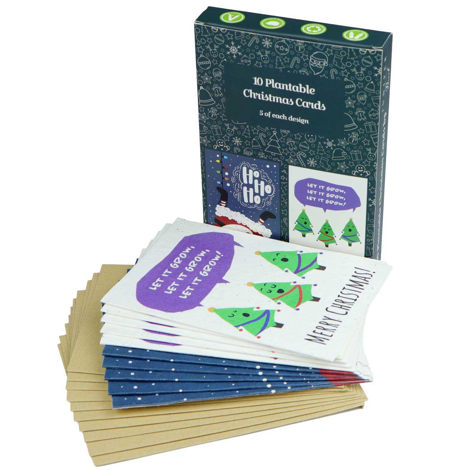 Christmas Card Set of 10 with Kraft Paper Envelopes, Plantable Seed Cards, Original Designs, A6 Size (Let It Grow & Ho Ho Ho)