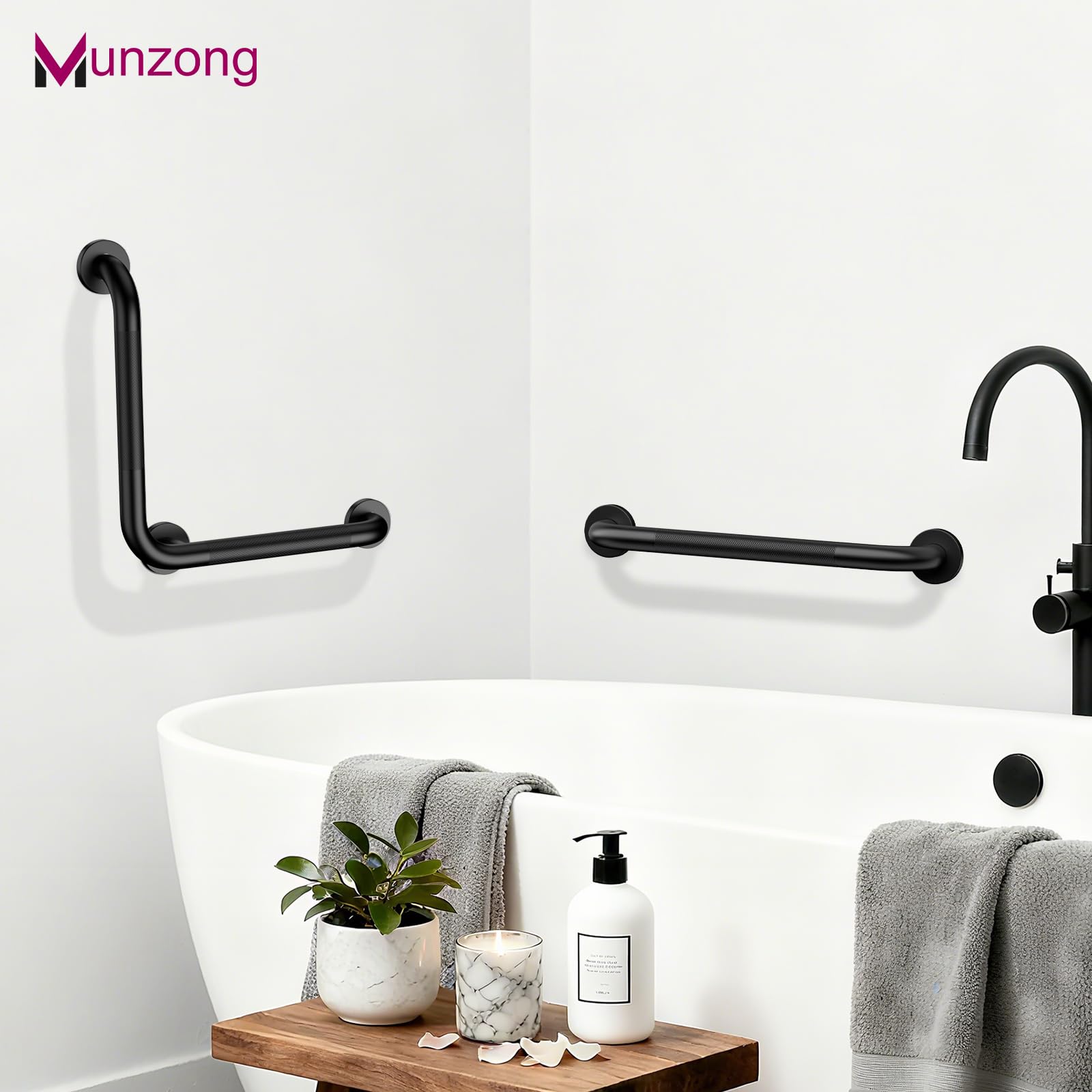 Munzong - Maniglia per doccia a forma di L, 40,6 cm, colore: nero | Anti maniglia zigrinata di sicurezza dell'acciaio inossidabile di Bathroon di slittamento, sostegno anziano di lesione