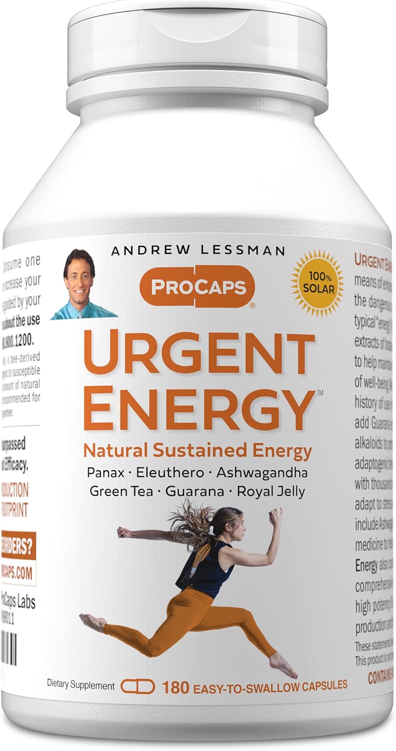 ANDREW LESSMAN Urgent Energy 180 Capsules - Provides a Safe, Healthy Means of Enhancing Energy Levels and Feelings of Well-Being, Green Tea, Guarana, Ginseng, Royal Jelly, Ashwagandha, B-Complex