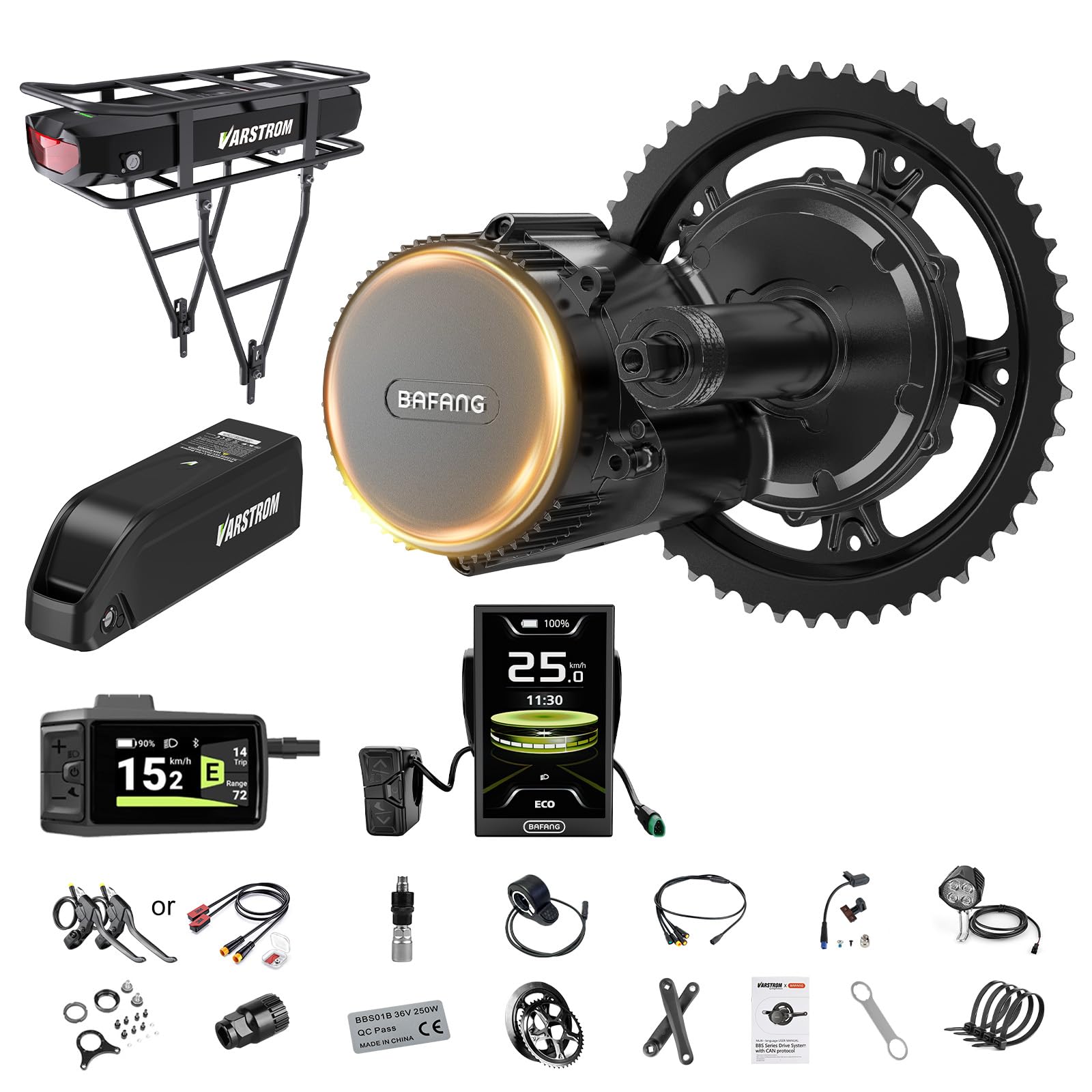 BAFANG kit bici elettrica motore centrale, kit conversione bici elettrica BBS01B BBS02B BBS-HD, 250W kit bici elettrica con batteria opzionale e display LCD, 36V 48V 52V (CAN)