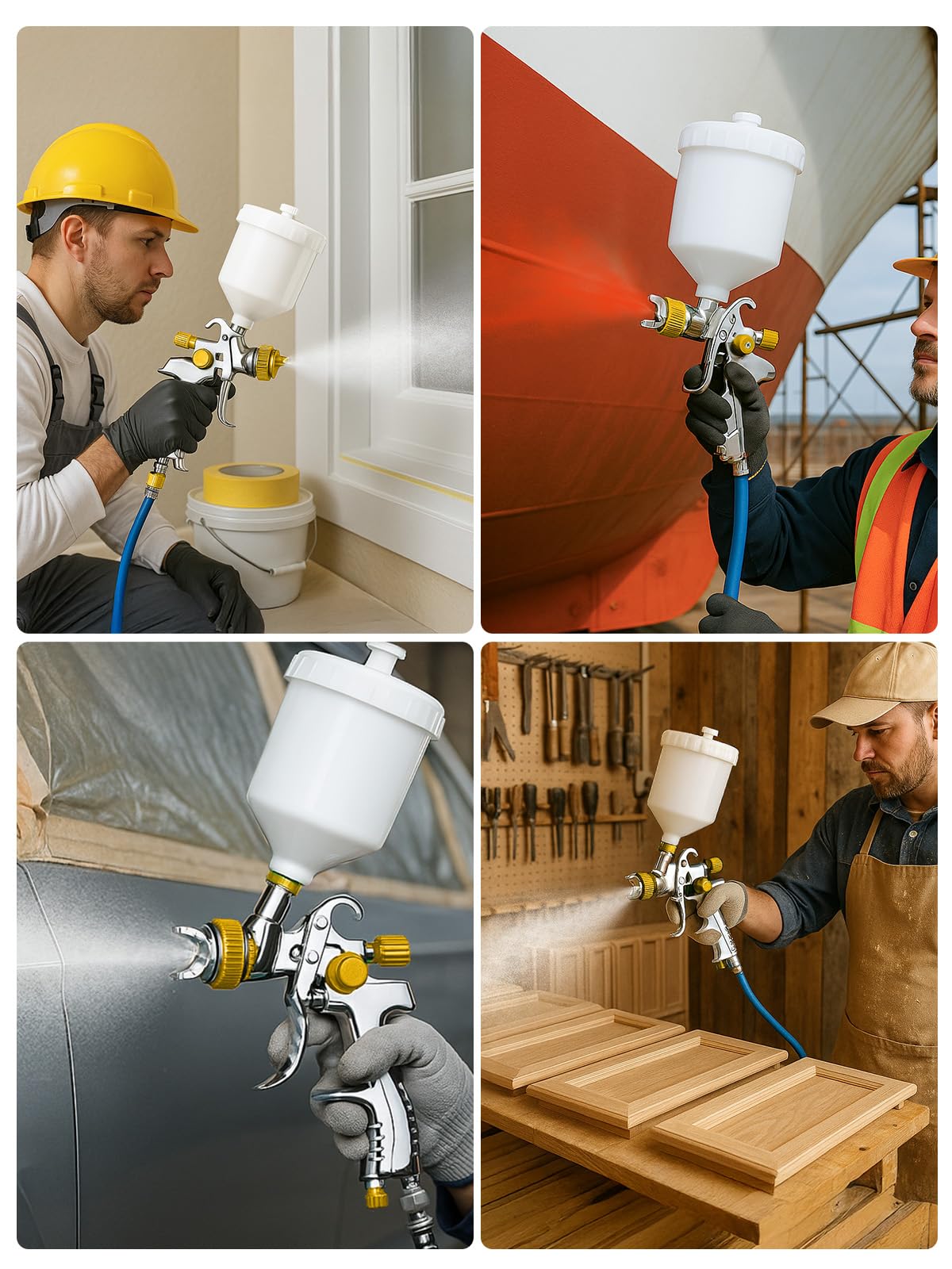 HVLP Lackierpistole Set mit 4 Düsen (1,4/1,7/2,0/2,5 mm), Druckluft Spritzpistole mit 600 ml Becher für Auto, Möbel, Holz, Heimwerker & Lackarbeiten - Grün (Gelb)