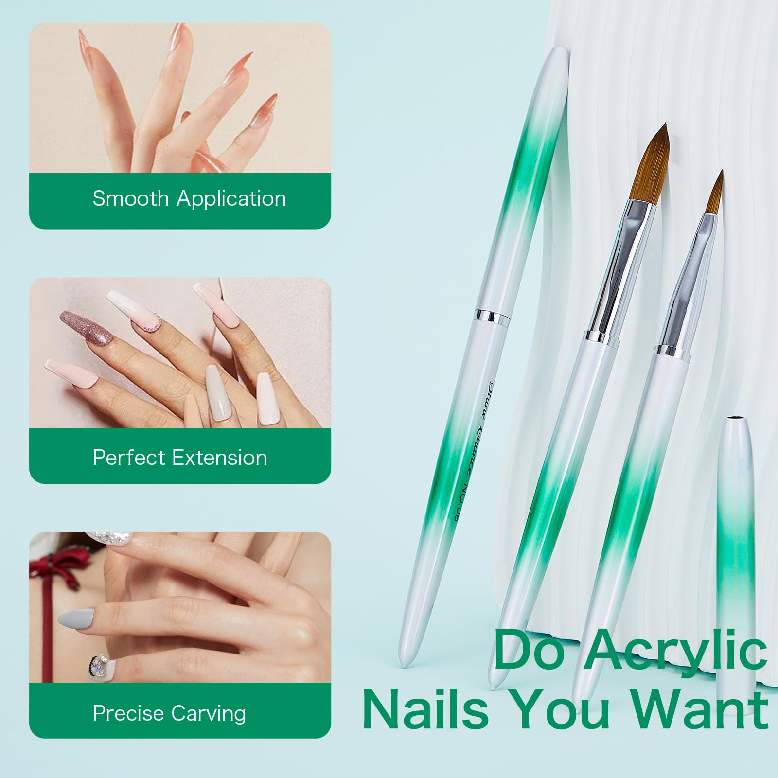 Kolinsky - Juego de 6 pinceles acrílicos para uñas, diseño artístico y pulido de errores, herramientas de manicura para mujer, aplicación acrílica (tamaño 2, 6, 8, 10, 14, 16)
