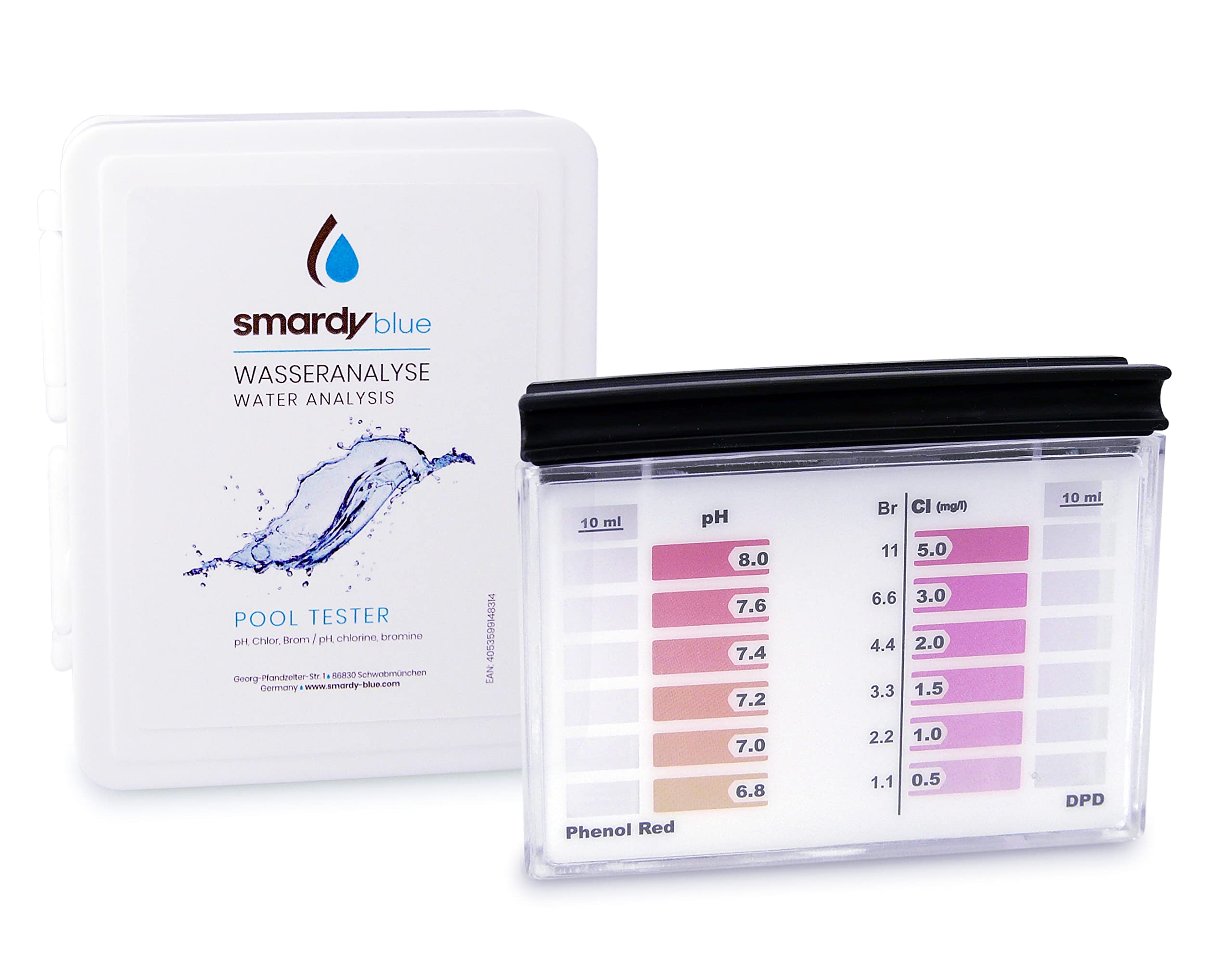 smardy Probador Kit - 240 Pastillas de Prueba Rápida para Agua Potable, Acuario, Piscina - 120 Phenol Red (Valor de PH) y 120 DPD1 (Cloro libre, Bromo) & 1x Medidor de Agua & Caja de Almacenamiento