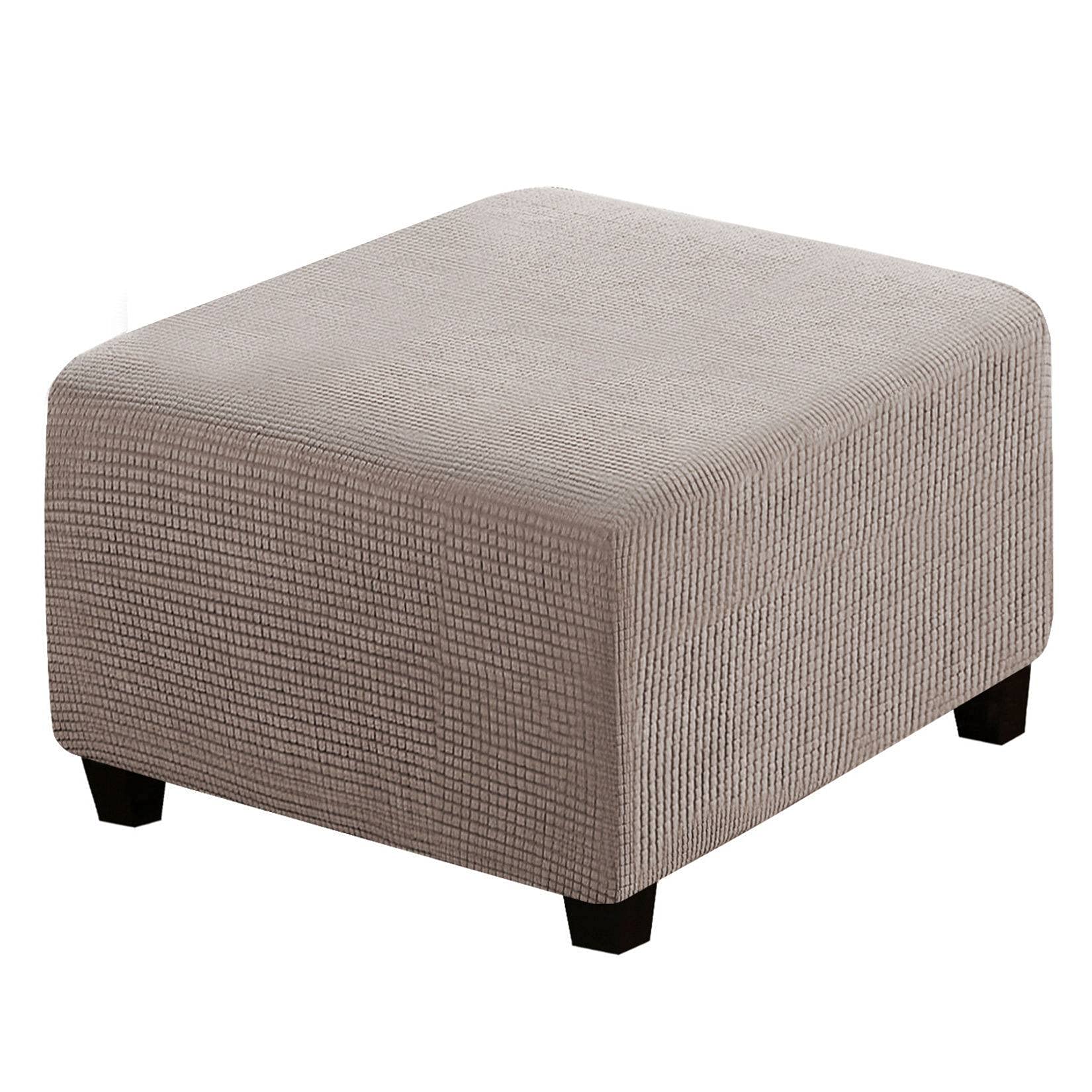 qiden Square Footstool Cover Stretch Ottoman Cover Plush, 10% Thicker Large Stretch Pouffe Cover Anti-Slip Foot Stool Jacquard Slipcovers With Elastic Bottom, Machine Washable-Taupe-Large