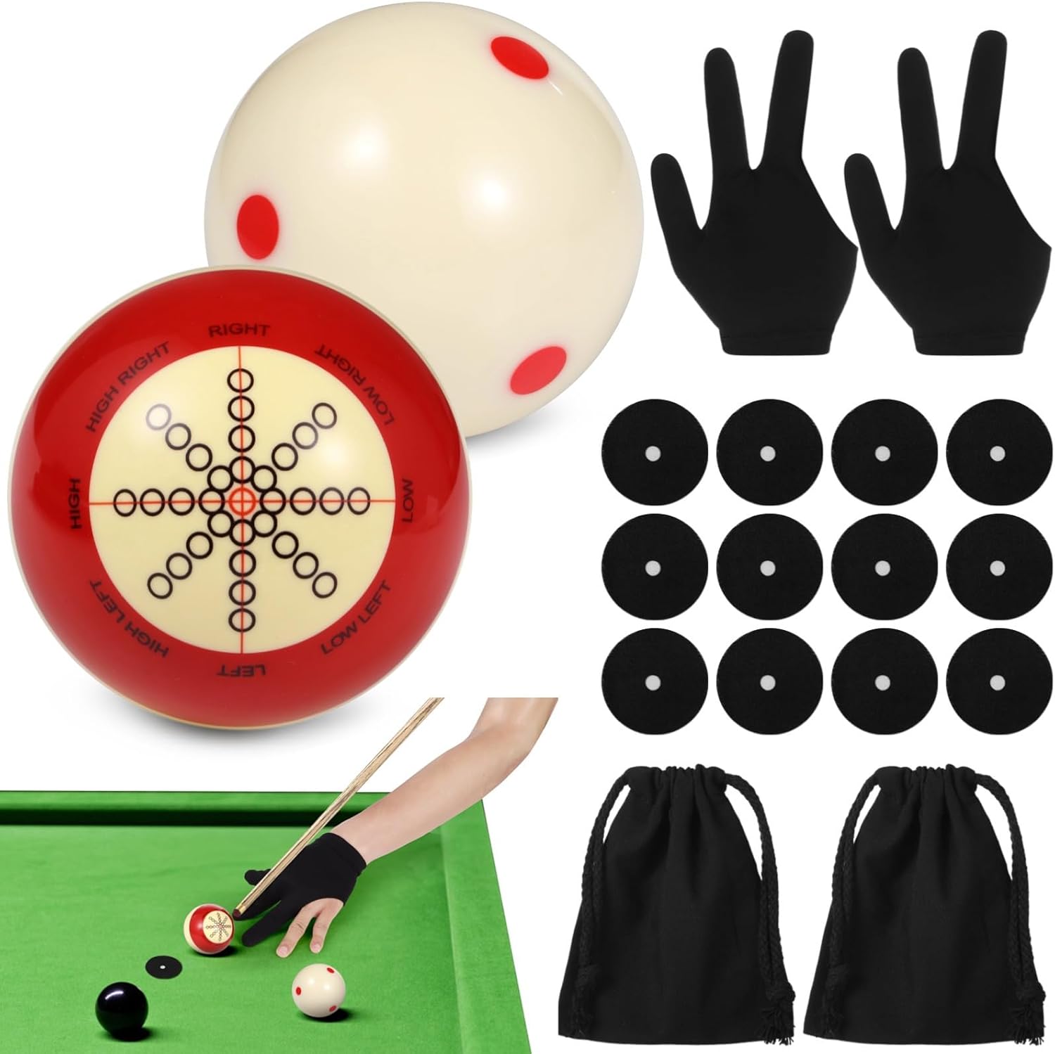 2-1/4 In Pool Cue Practice Set, Billiards Cue Balls With Gloves, Stickers, Carry Bags, Pool Table Accessories Kit For Beginners Pros, 2 Pcs
