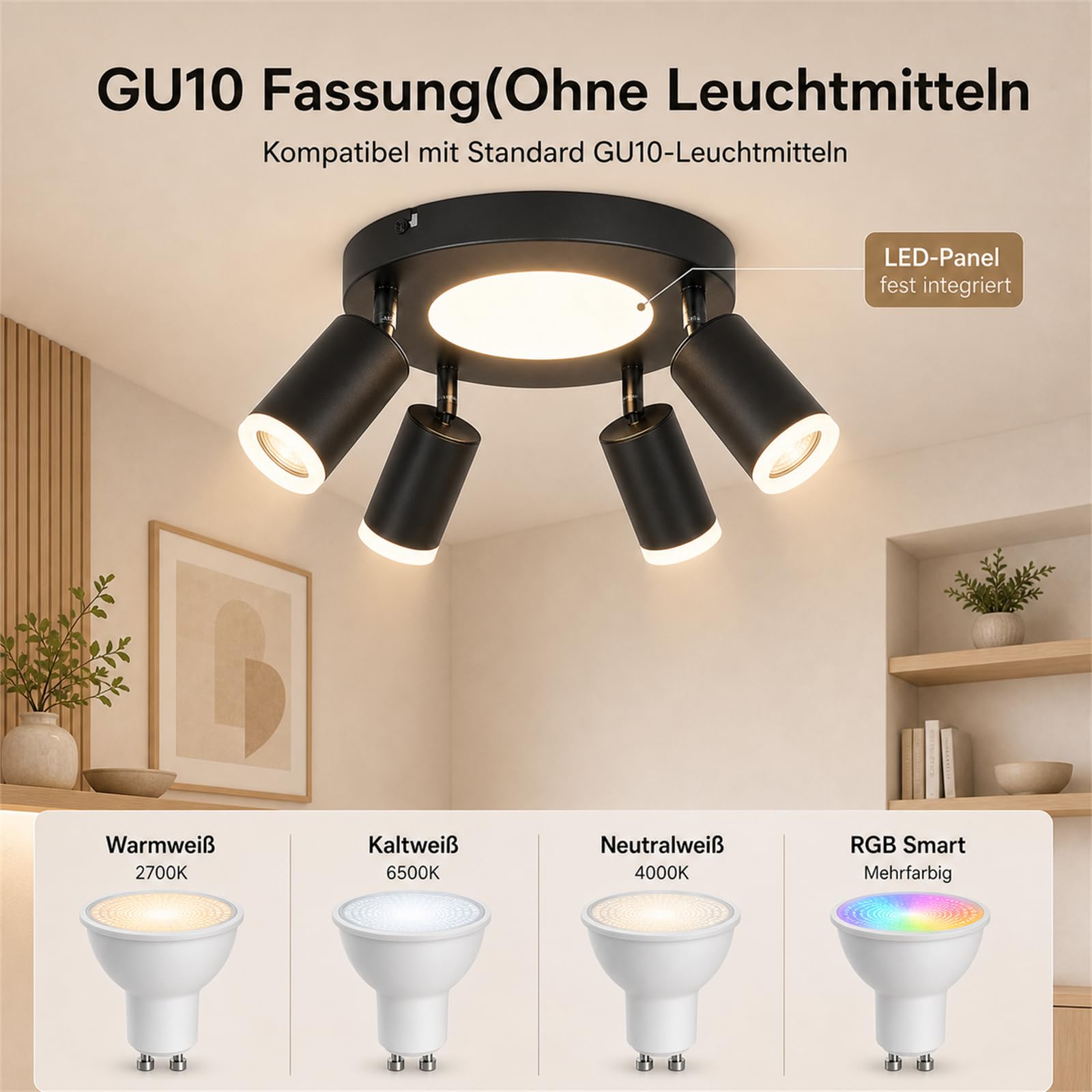 LED Deckenstrahler 4 Flammig Rund Schwarz Deckenlampe Warmweiß