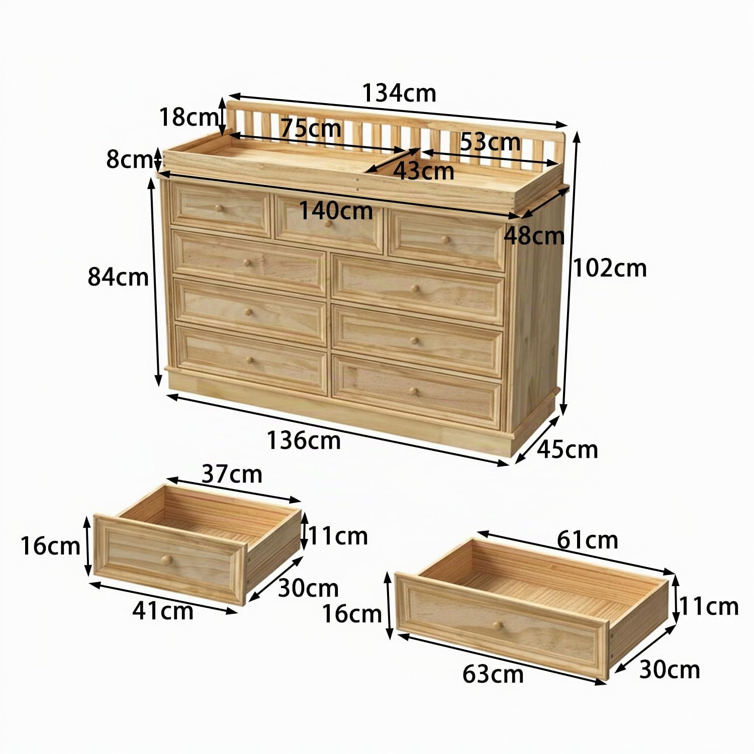 Cambiador grande de madera maciza, 9 cajones, borde extra alto, cómoda para pañales con gran espacio de almacenamiento, 140 × 48 × 102 cm, color natural