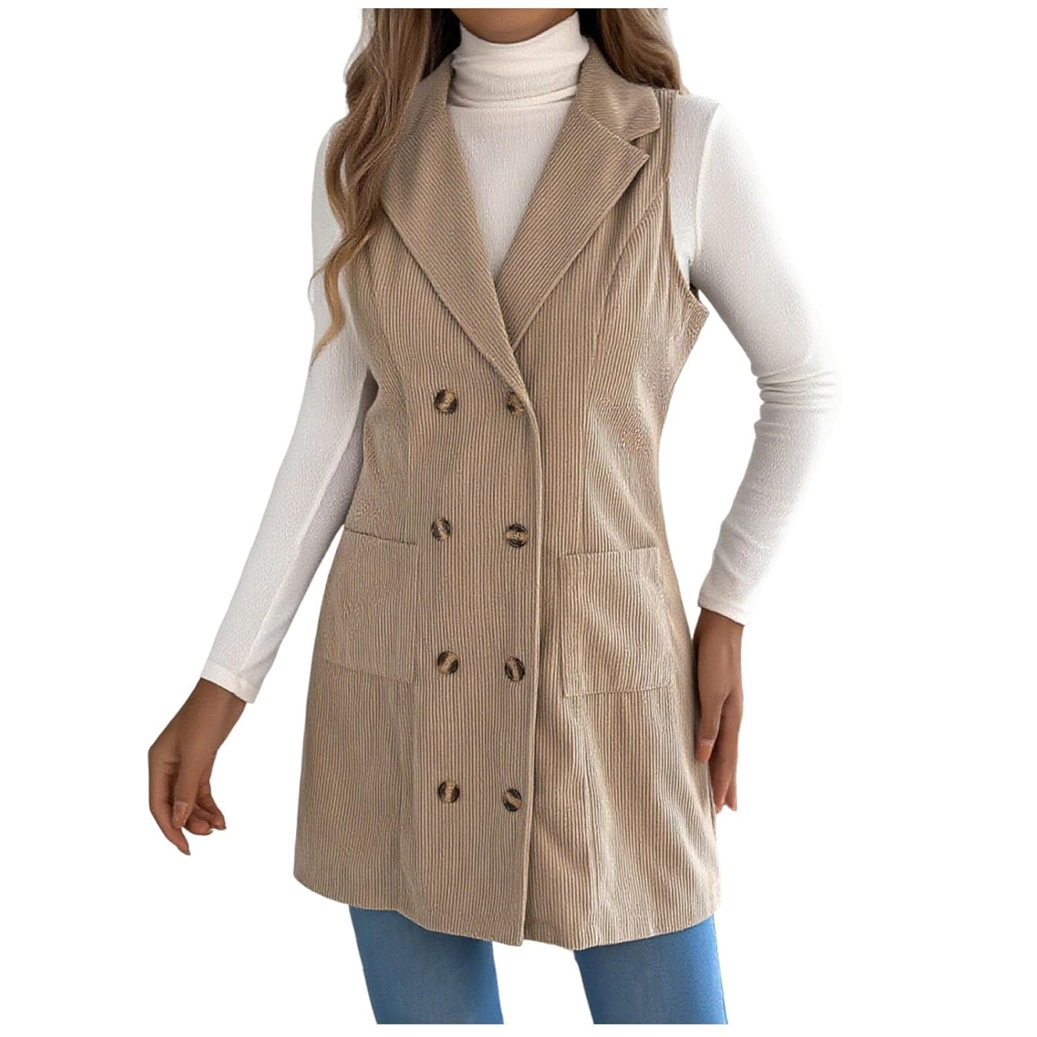 Long Vest for Women Sleeveless Corduroy Blazer Fall Jacket Cardigan Outerwear Business Work Tunic Vests Waistcoat Coat