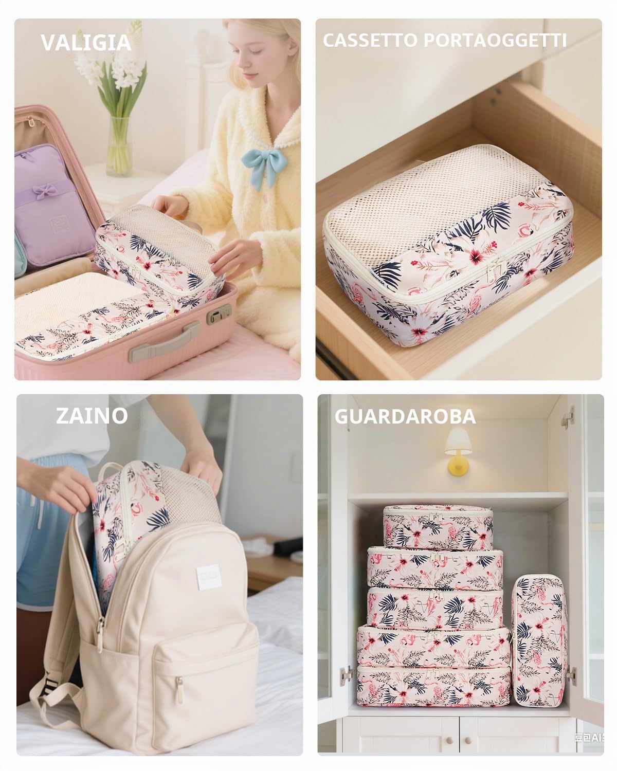 Narwey Organizer Valigia 7 Pezzi Set Packing Cubes, Organizer Valigia Viaggio Salvaspazio, Viaggio Accessori Utili per Vestiti Scarpe Deposito per Viaggiare (Beige Flamingo)