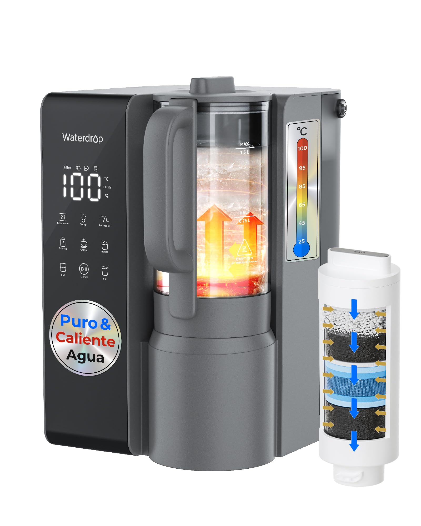 Waterdrop WD-M1 Inversa Osmosis Agua Filtro Encimera, 𝐂𝐚𝐥𝐢𝐞𝐧𝐭𝐞 Agua Encimera Inversa Osmosis Sistema, 7 Temperatura Opciones, 6 Etapas Purificación, 3:1 Puro a Drenaje, Sin Instalación