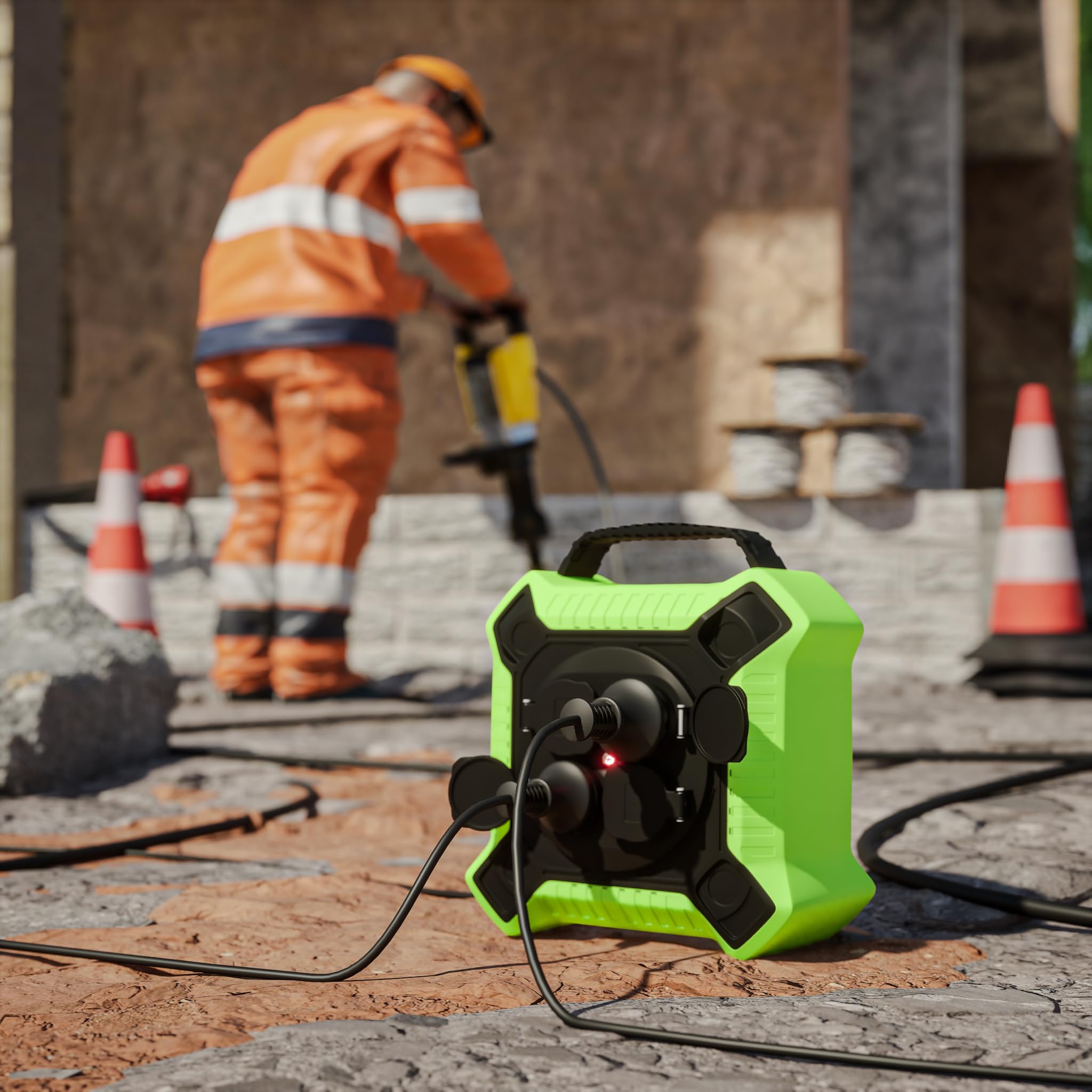MutecPower Alargadera 10 metros IP44 enrollacables 10m enrollador de cable para exteriores con 4 tomas schuko de corriente protegidas, alargador H05RR-F 3G1,5 Negro/Verde