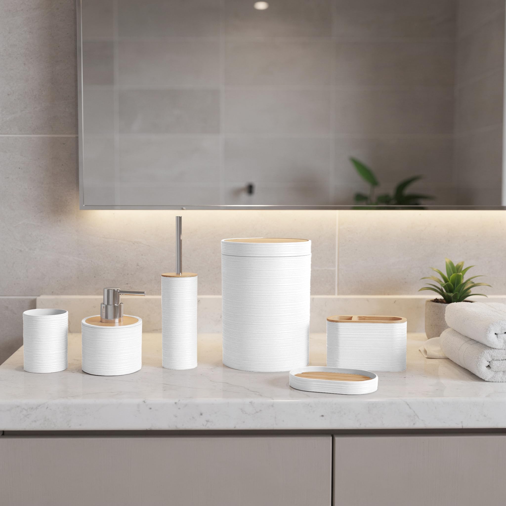GC GAVENO CAVAILIA Bathroom Accessories Sets Complete - 15PC Rubbish Bin Lid Toilet Brush Holder Soap Lotion Dispenser Pump Container Toothbrush Tumbler Cup Dish Plate Base, Bathroom Decor, White