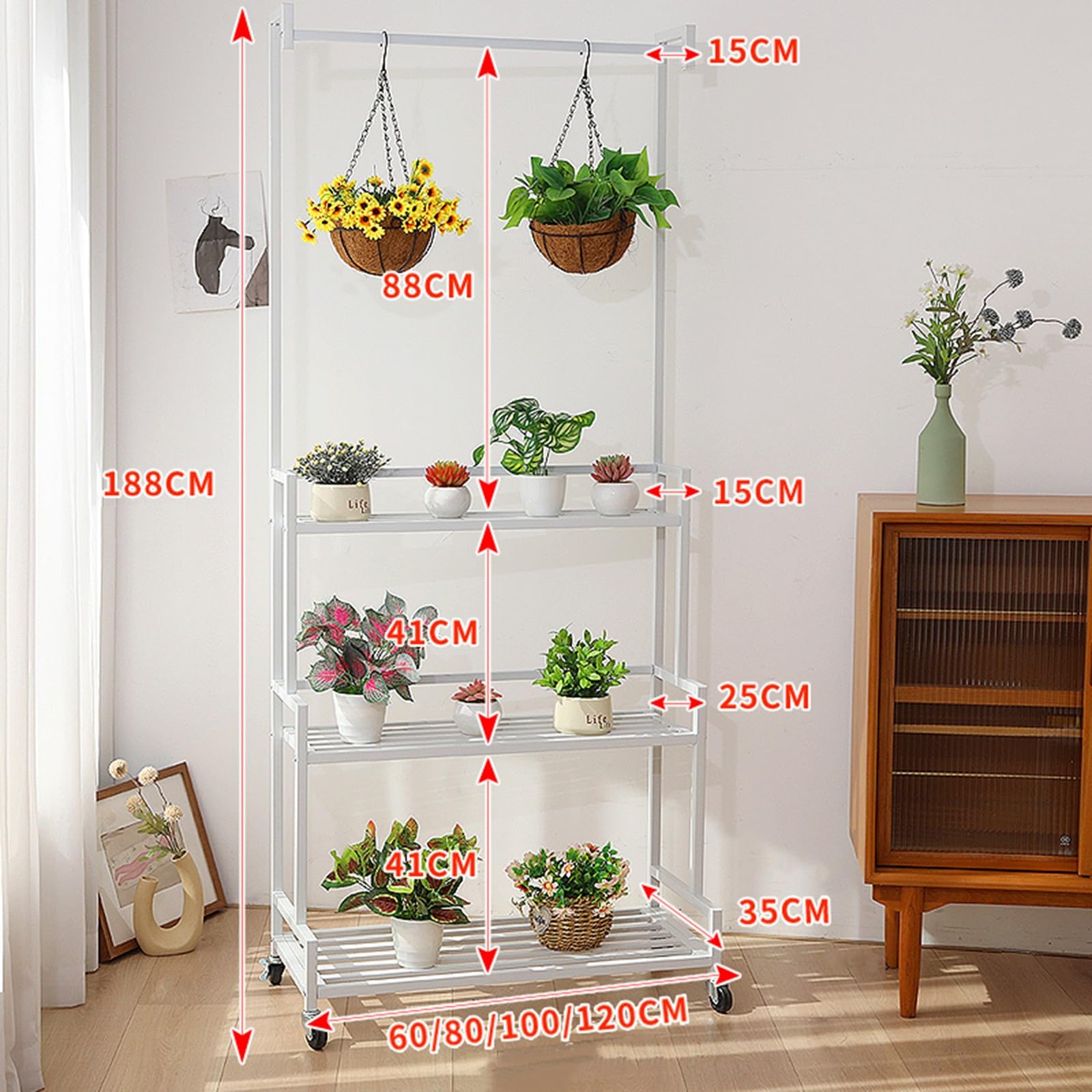3-poziomowy metalowy stojak na rośliny, wisząca półka z rolkami, 188 cm wysokości, stojak na kwiaty, stojak w kształcie drabiny, do salonu, na balkon, patio, do ogrodu, biały, 100 cm