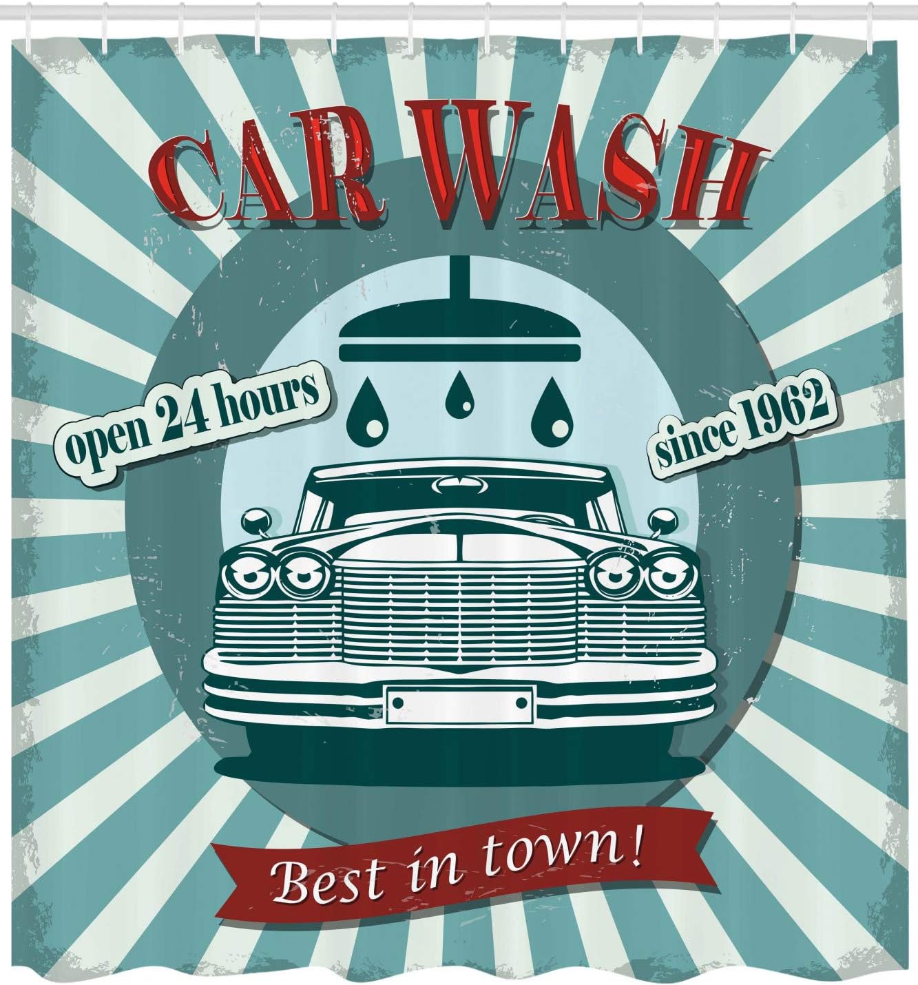 Ambesonne Retro Shower Curtain, Vintage Graphic Design for a Car Wash Sign Commercial Aged Classic Vintage Arsty, Cloth Fabric Bathroom Decor Set with Hooks, 69" W x 75" L, Red Teal