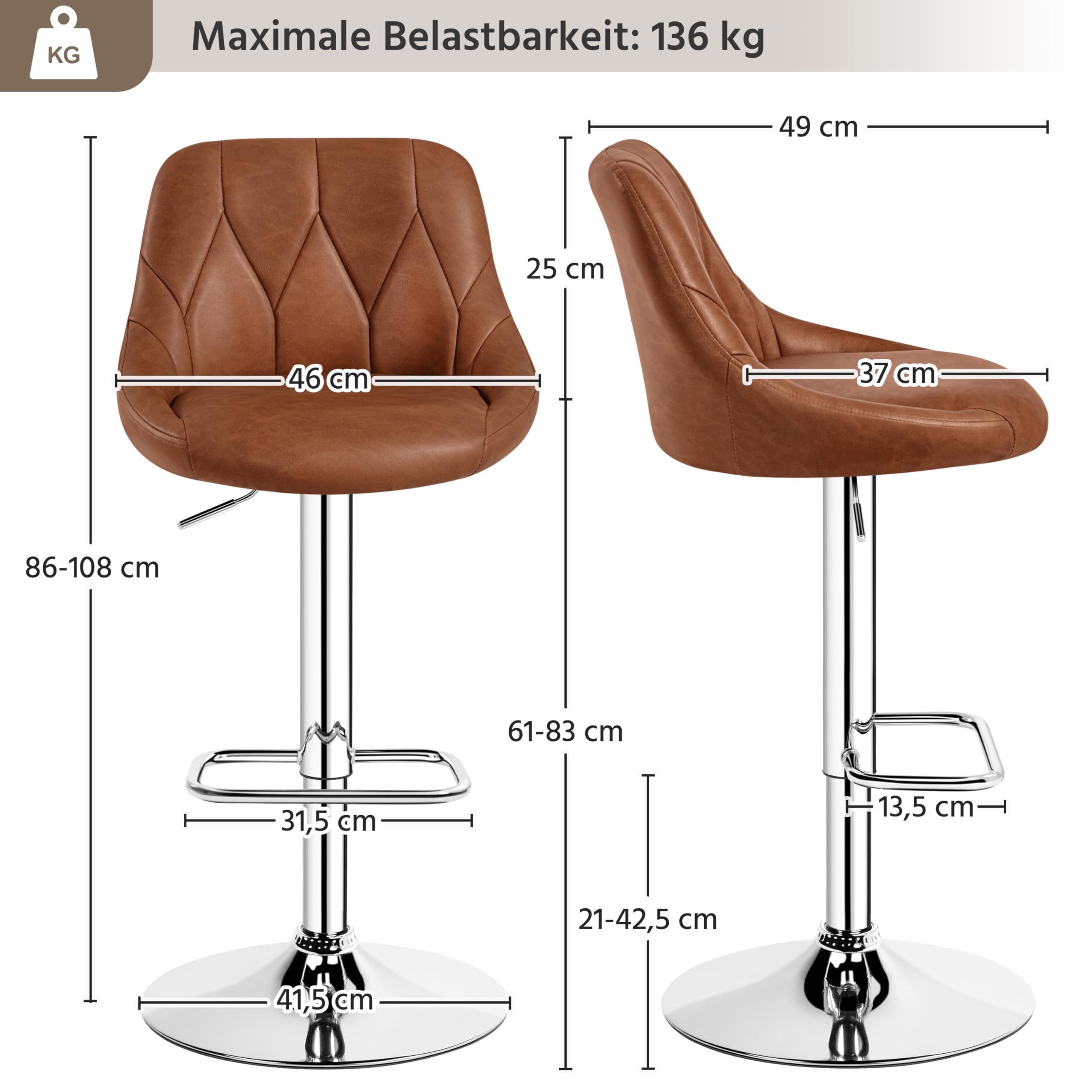 Yaheetech Barhocker 2er Set höhenverstellbarer Barstuhl 360° drehbarer Tresenhocker Polsterhocker mit Kunstleder für Küche/Bar/Salon/Esszimmer, braun