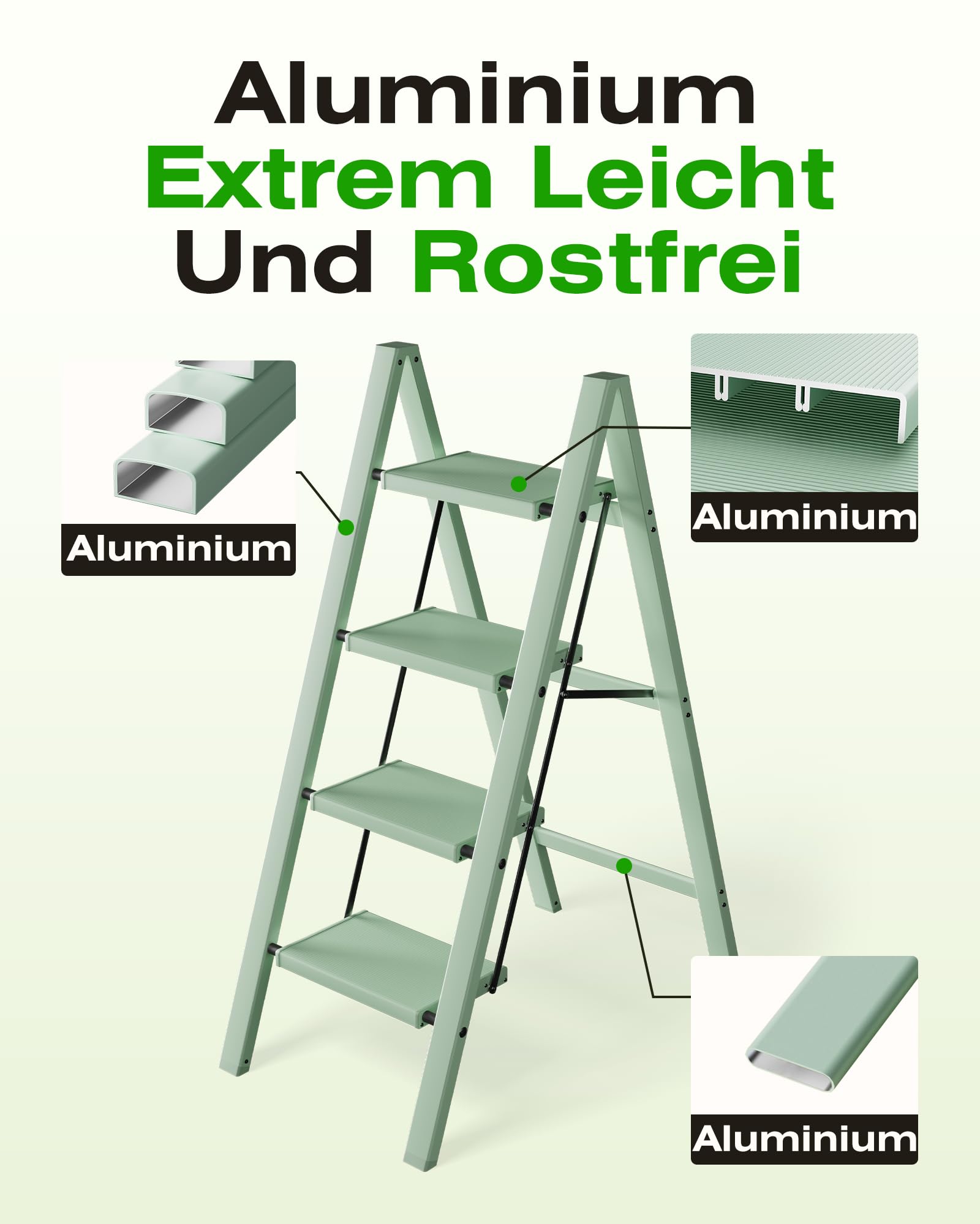 Escalera Plegable de 4 peldaños, Capacidad de 150 kg con Pedal Antideslizante, Taburete portátil de Aluminio, fácil de Guardar, Interior y Exterior, Aspecto estético, Color Verde Claro