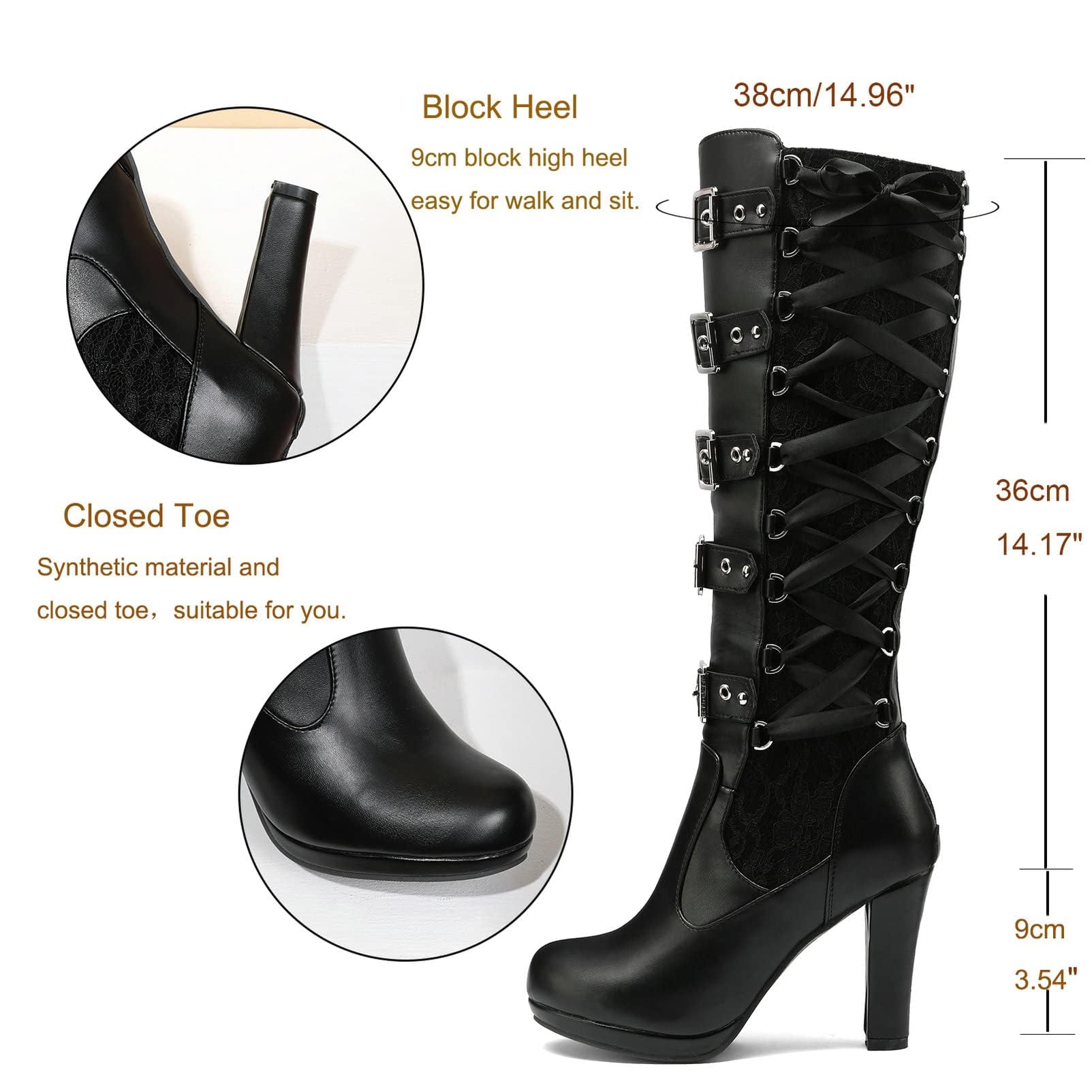 Women Lace Goth Knee High Boots Buckle Block Heel Lace Up Knee Boots Punk Platform Back Zipper Riding Combat Bootie: Black 5