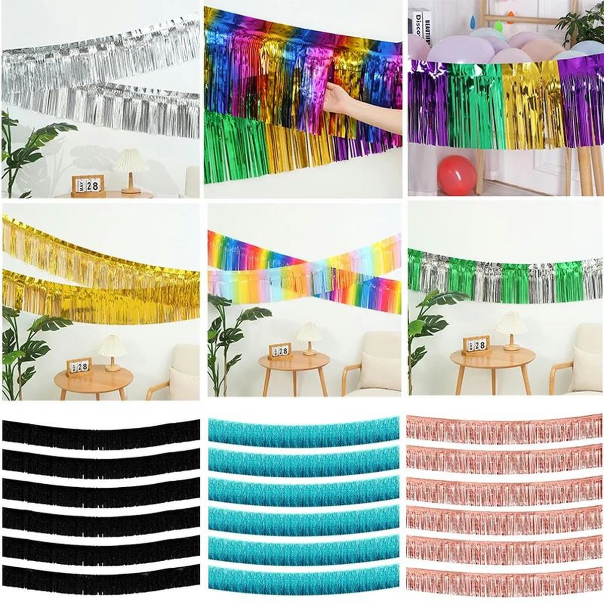 QincLing 3 pezzi di tende metallizzate, con frange, con bandiera e striscione di carta glitterata a forma di stella per compleanni, feste, matrimoni