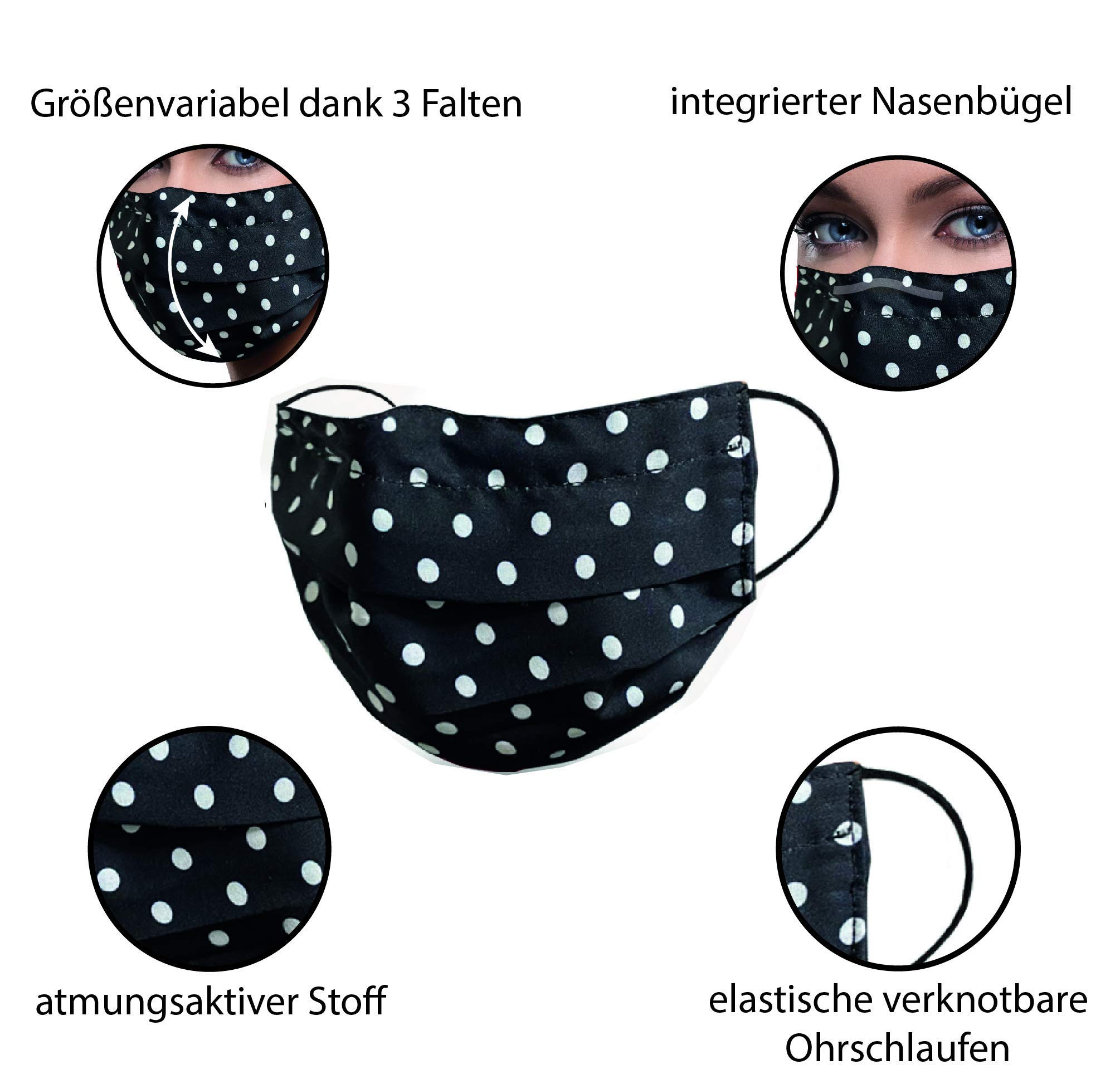 10x Set Unisex schwarze Stoffmasken Mundschutz Maske Mund Nasen Schutzmaske schwarze Mund und Nasenschutz Maske waschbar m. NASENBÜGEL SCHWARZ weiß gepunktet