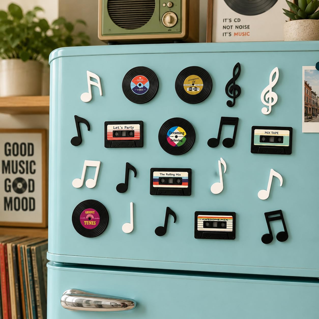 Music Theme Fridge Magnets Set of 15 | Retro Vinyl Record, Cassette Tape & Musical Notes Magnets | Decorative Refrigerator Magnets for Music Lovers | MDF Fridge Magnet Collection-image-35