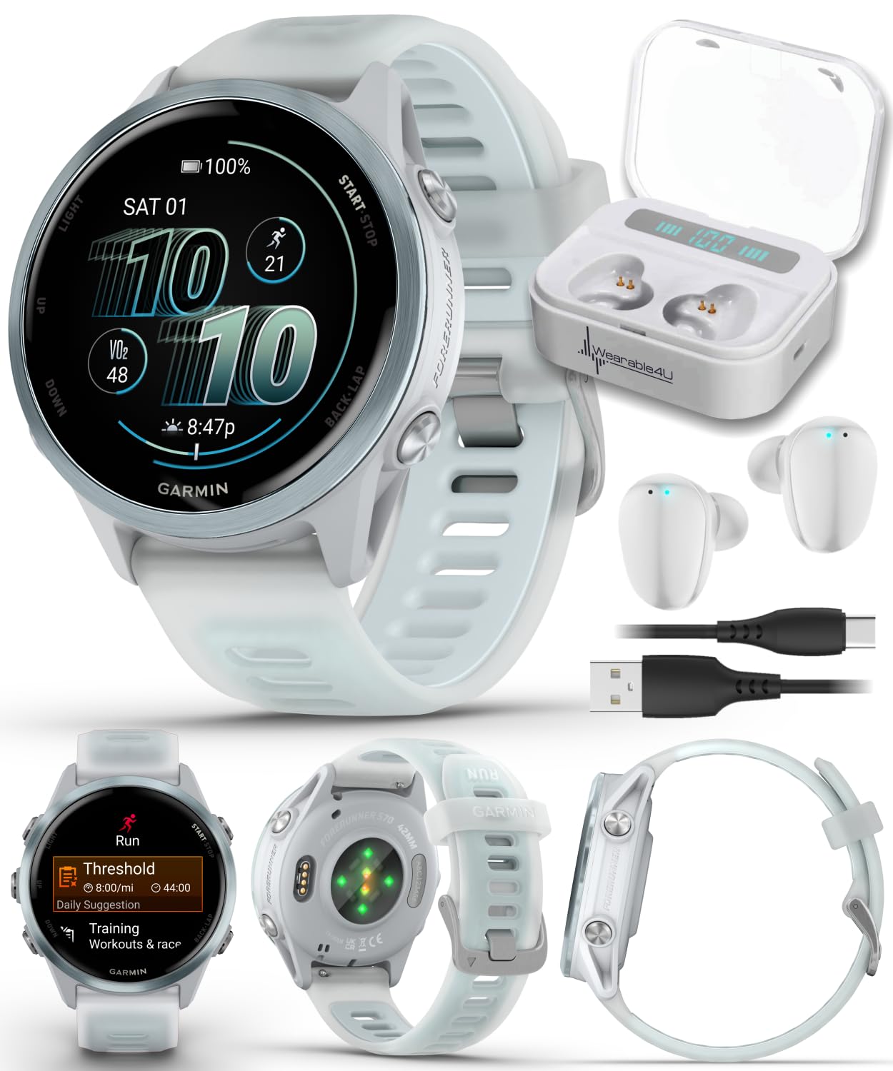 Garmin Forerunner 570 42mm Advanced GPS Running & Triathlon Smartwatch AMOLED Display Training & Recovery Cloud Blue Aluminum w/Translucent Whitestone