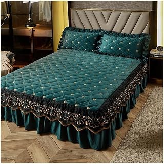 Falda de cama acolchada de terciopelo grueso de lujo, colcha bordada, suave y corta, tamaño King, no incluye funda de almohada (verde oscuro, 1 falda de 200 x 220 cm)