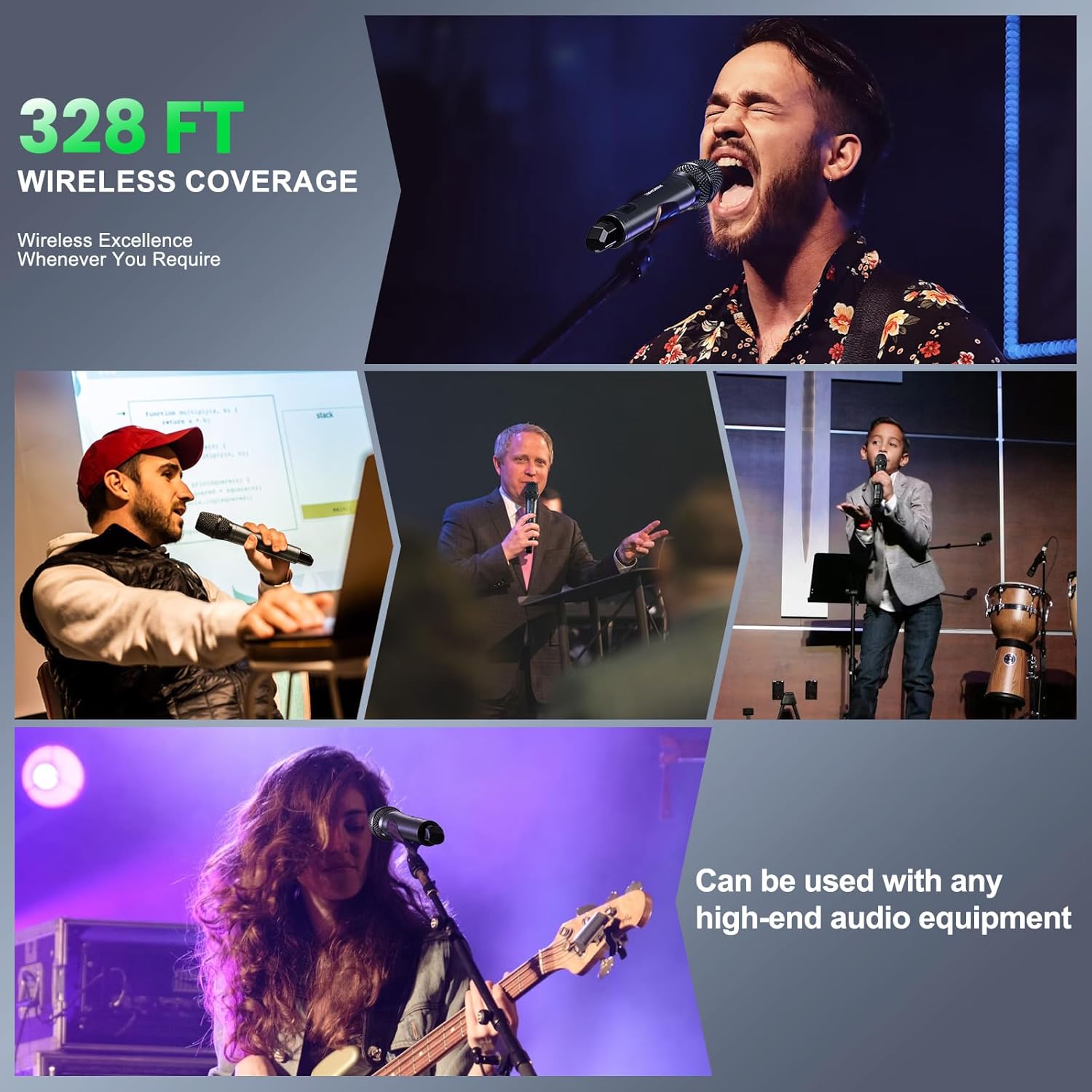 Wireless Microphone System True Diversity Dual Cordless Microphone Set, Professional UHF Handheld Wireless Microphones w/Auto Scan,2x50 Frequencies, Long Distance 328ft, Mic for Singing,Karaoke