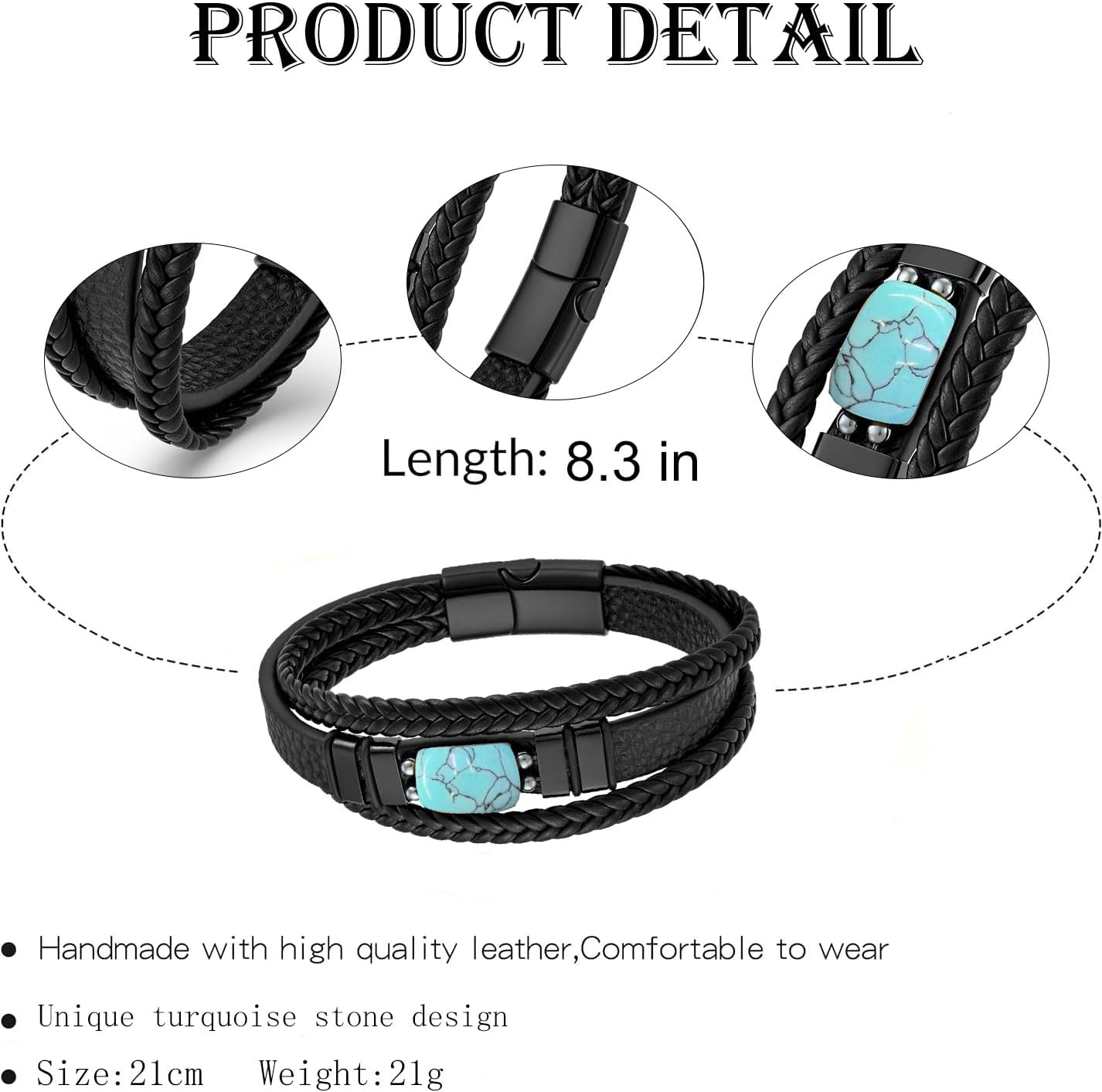 Tiger Eye Black Leather Bracelet for Men Vintage Double Natural Tiger Eye with Stainless Steel Three-Layer Leather Rope Braided Cuff Bracelet