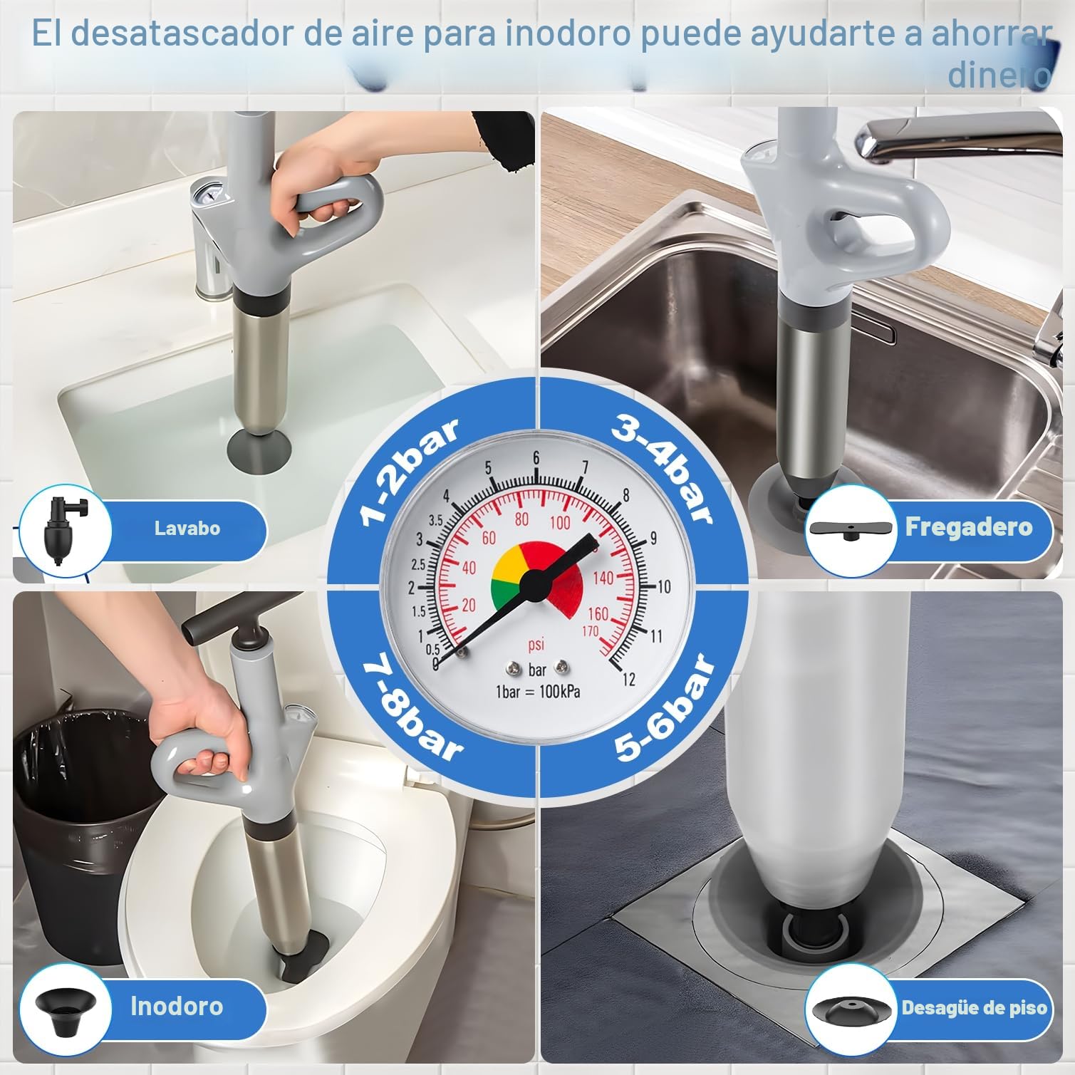 Desatascador tuberías profesional a presión, destapador de cañerías con manómetro visible, apto para WC, lavabos y fontanería del hogar