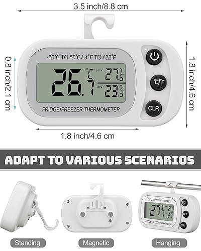 Vista 2 de Frienda Paquete de 12 termómetros digitales blancos para nevera, impermeable, para refrigerador y congelador, función de grabación máximamin