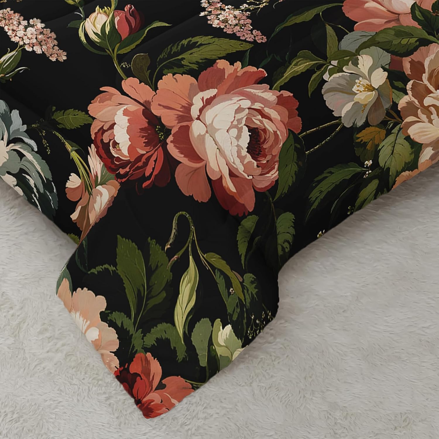 Black Floral Comforter Set Queen Colorful Floral Bedding Sets 3PCS for Kids Teen Adult Flowers Leaves Room Decor Ultra-Soft Lightweight Microfiber 1 Comforter with 2 Pillowcases - Image 5