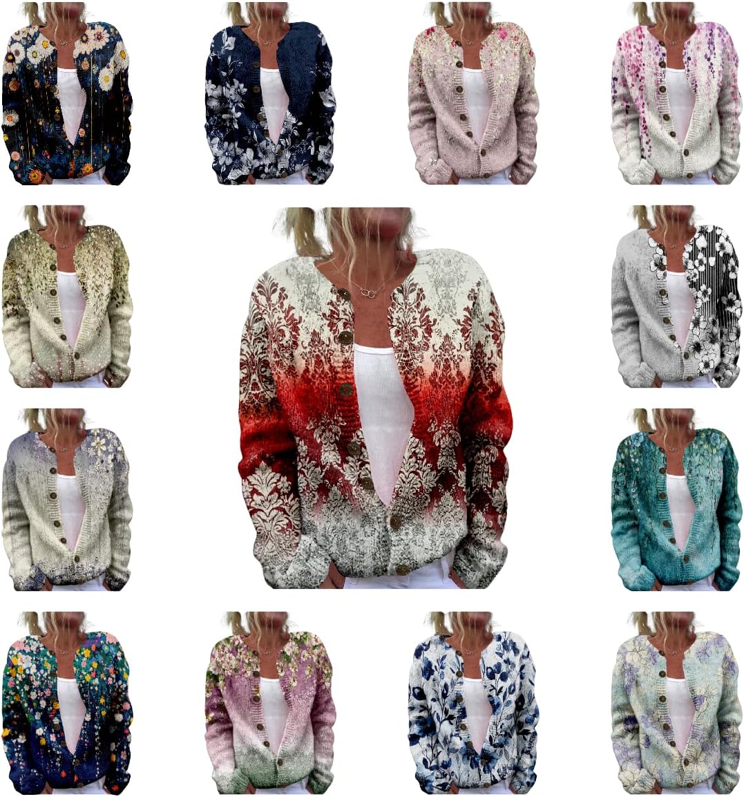 Floral Sweater Cardigan for Women Button Plus Size Cropped Knitted Open Front Chunky Winter Long Sleeve Blouses