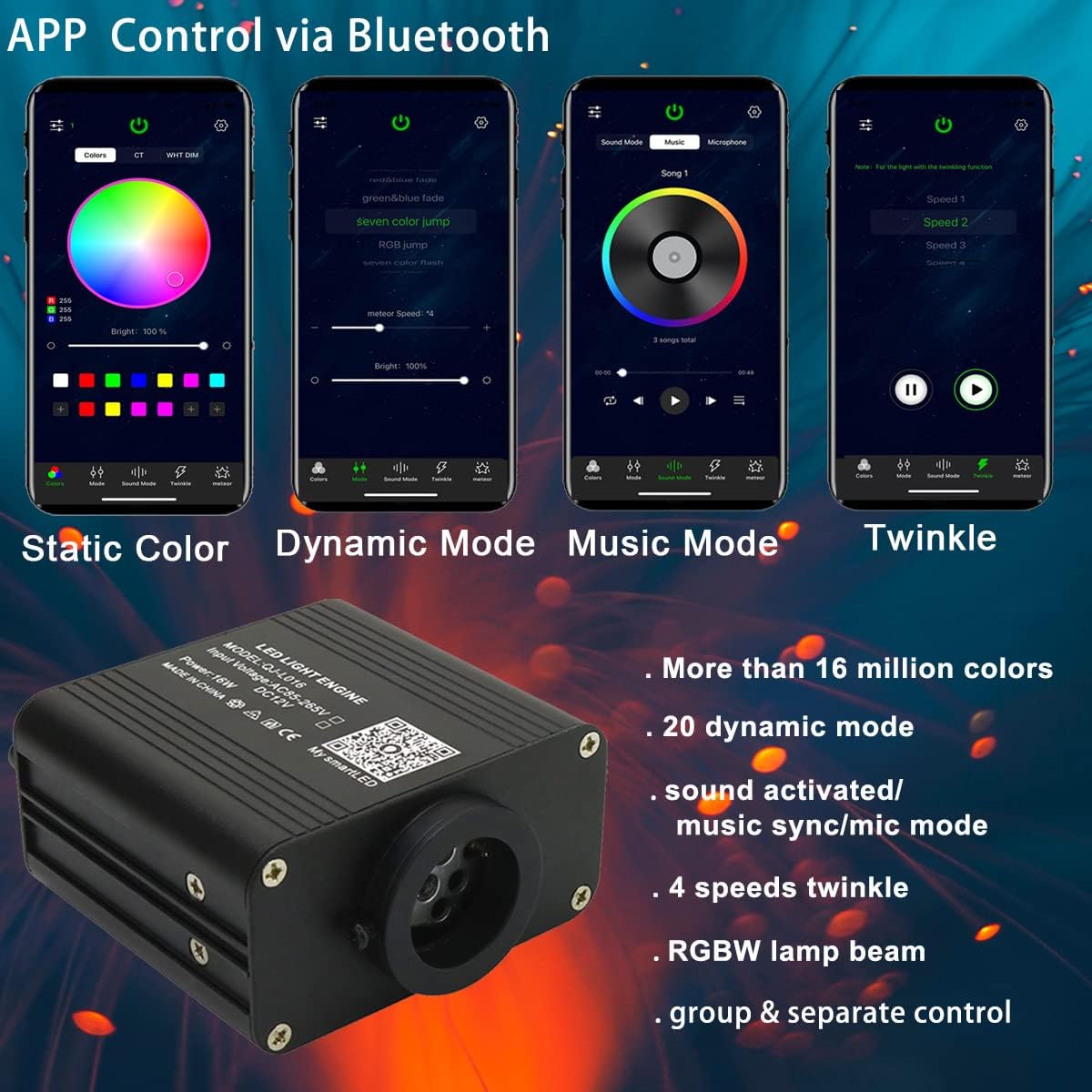 AZIMOM Small Size 16W Twinkle& Sound Activated Fiber Optic Light Source RGBW Light Box Engine Diver APP/Remote Control Music Sensor Mode for Car Home Star Ceiling Light Effect Decoration