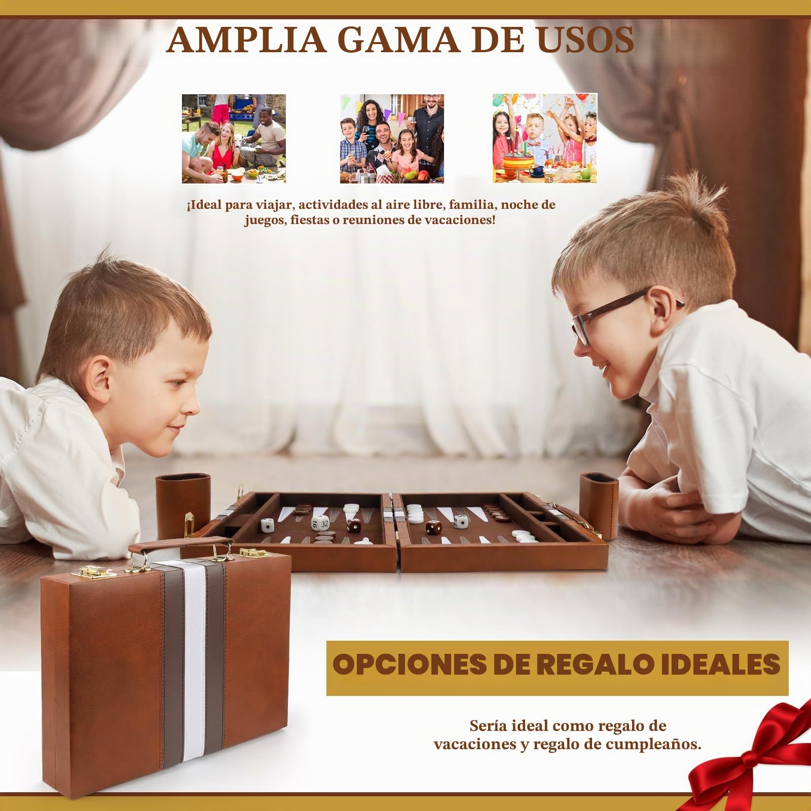 Backgammon, Juego de Backgammon clásico para Adultos, Tabla de Mesa con Funda de Cuero, Juego portátil