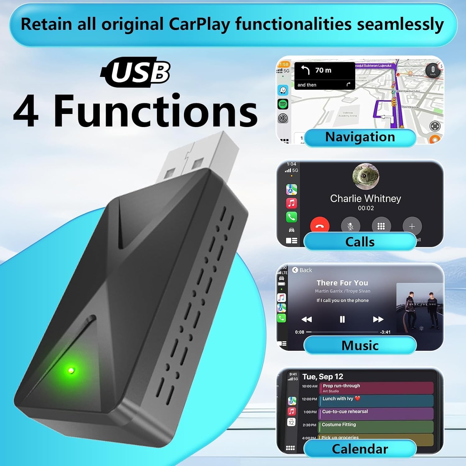 Adaptateur sans fil Android Auto & Carplay sans fil, connexion rapide et sans retard, Stick 2 en 1 Convertir Wired Android Auto/Car Play en sans fil pour iOS 10+ et voitures à partir de 2017 (USB-A)